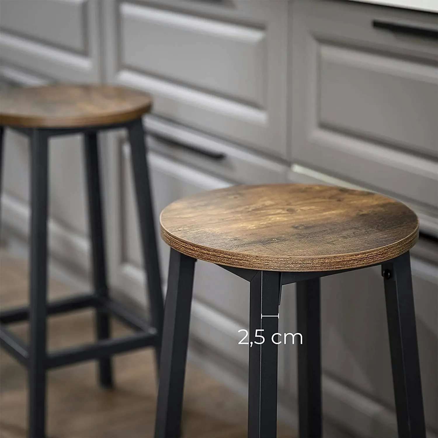 Set of 2 Bar Stools with Sturdy Steel Frame Rustic Brown and Black,  65 cm Height