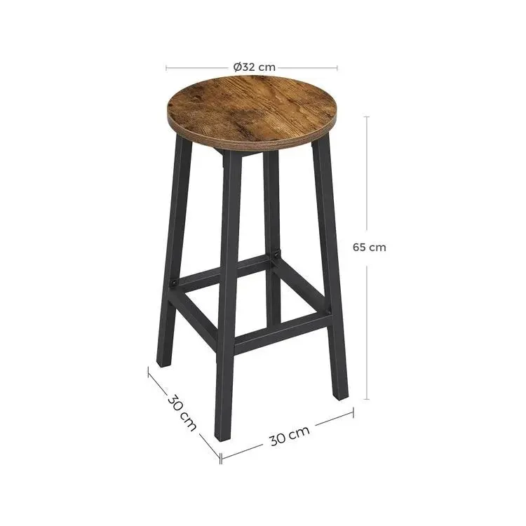 Set of 2 Bar Stools with Sturdy Steel Frame Rustic Brown and Black,  65 cm Height