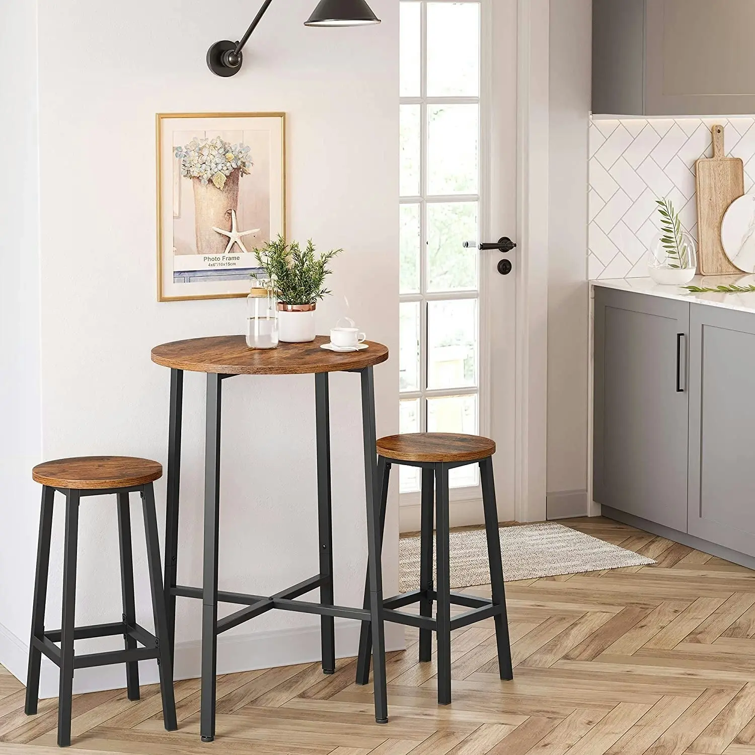 Set of 2 Bar Stools with Sturdy Steel Frame Rustic Brown and Black,  65 cm Height