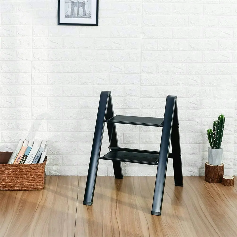 2 Step Ladder Lightweight Folding Aluminum Heavy Duty Stepladders Storage Shelf Rack Anti-Slip Platform Household Office Painting Black