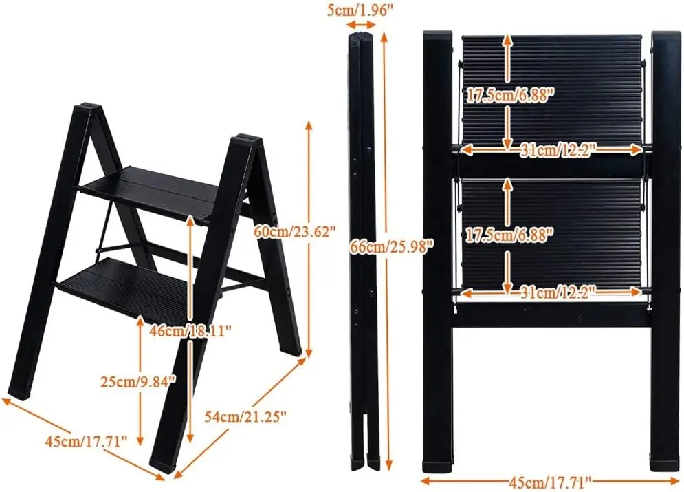 2 Step Ladder Lightweight Folding Aluminum Heavy Duty Stepladders Storage Shelf Rack Anti-Slip Platform Household Office Painting Black