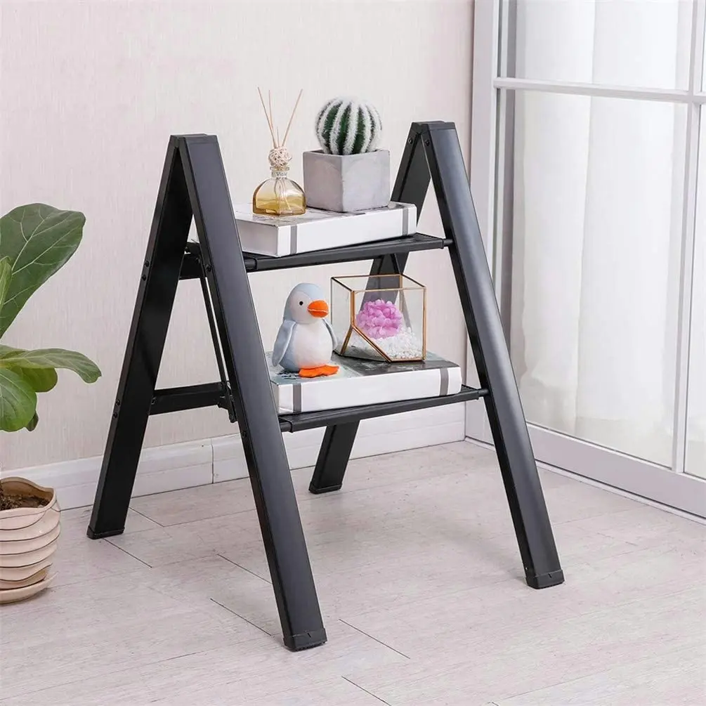 2 Step Ladder Lightweight Folding Aluminum Heavy Duty Stepladders Storage Shelf Rack Anti-Slip Platform Household Office Painting Black