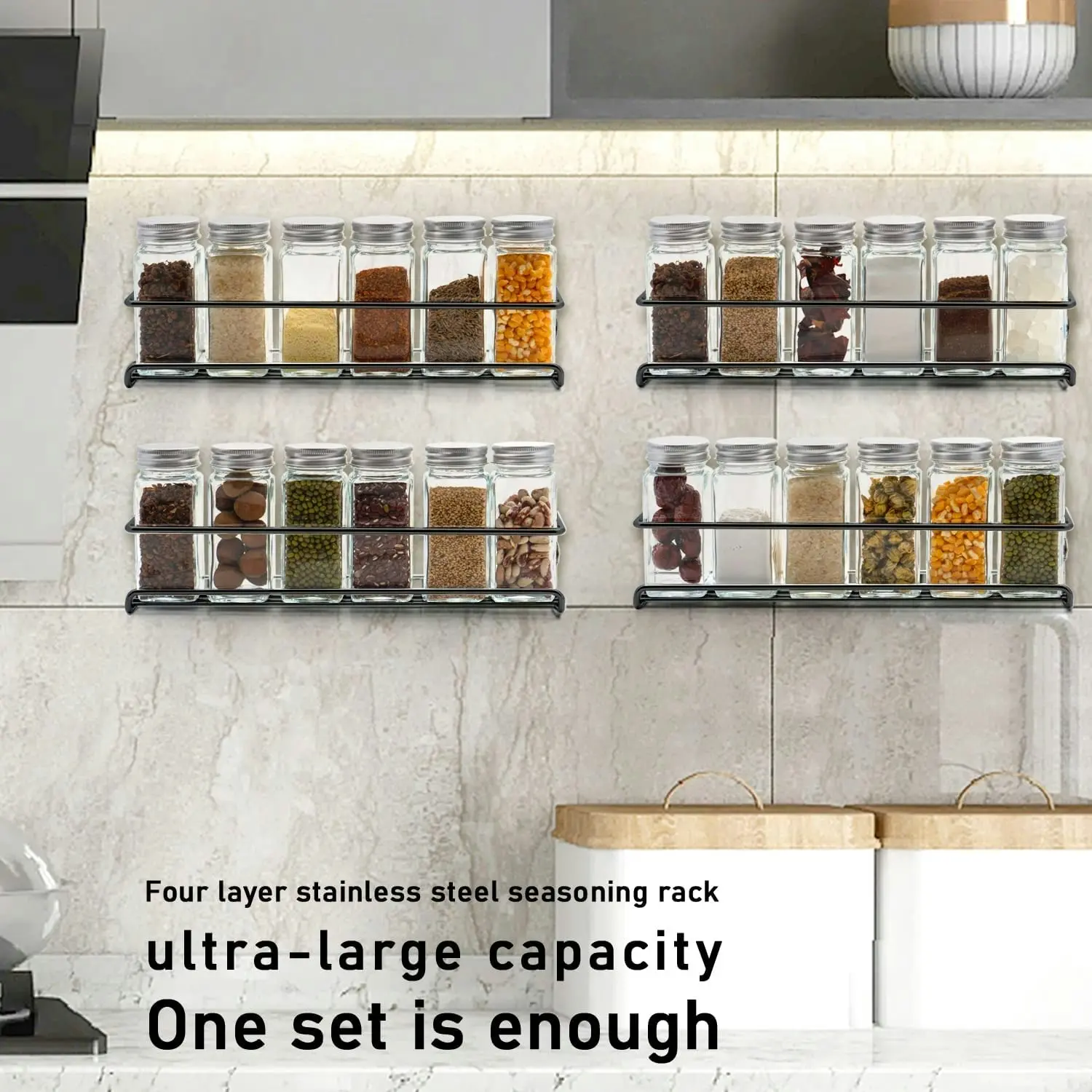 4 Tier Spice Rack Organiser with 24 Spice Jars (Black)