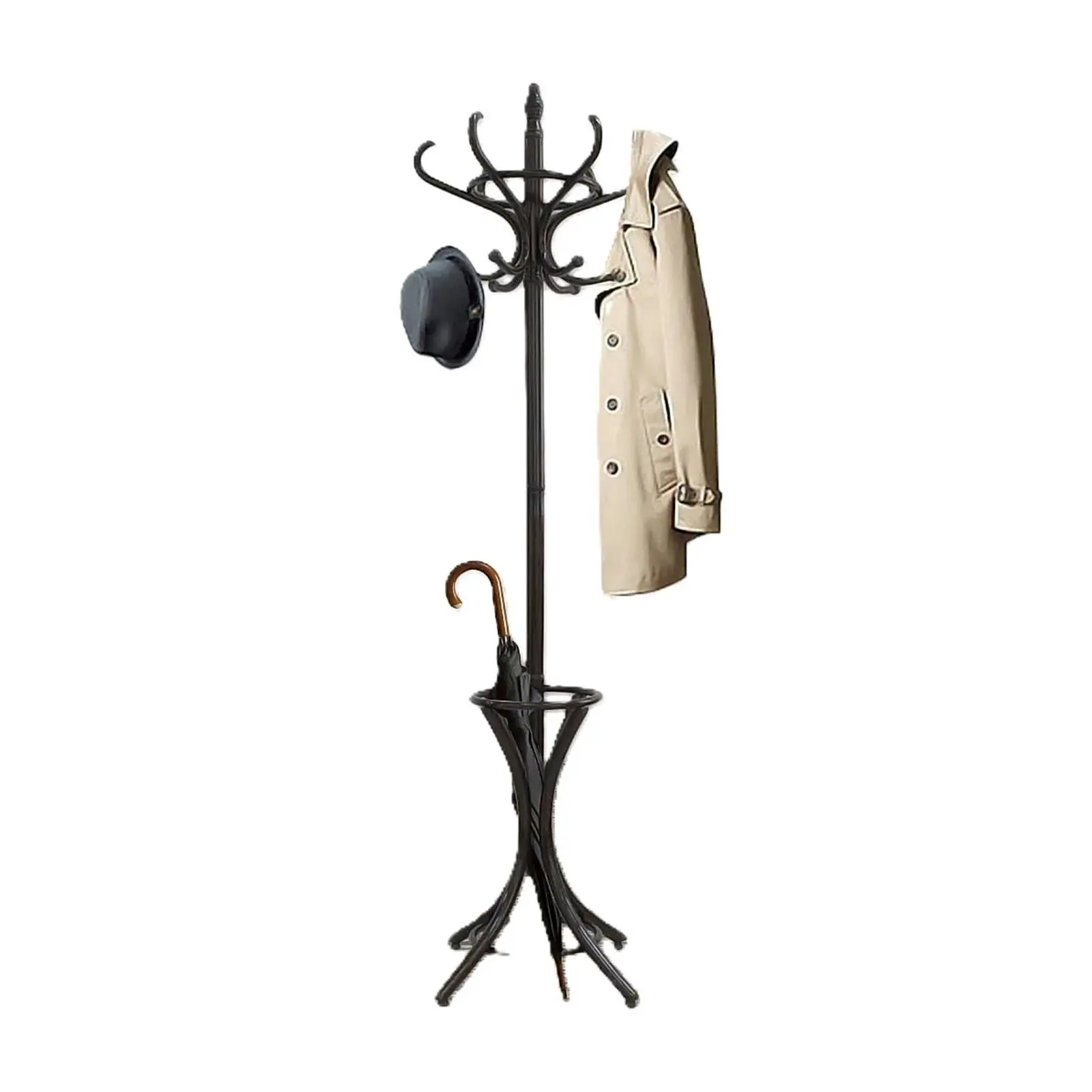 CARLA HOME Black Coat Rack with Stand Wooden Hat and 12 Hooks Hanger Walnut tree