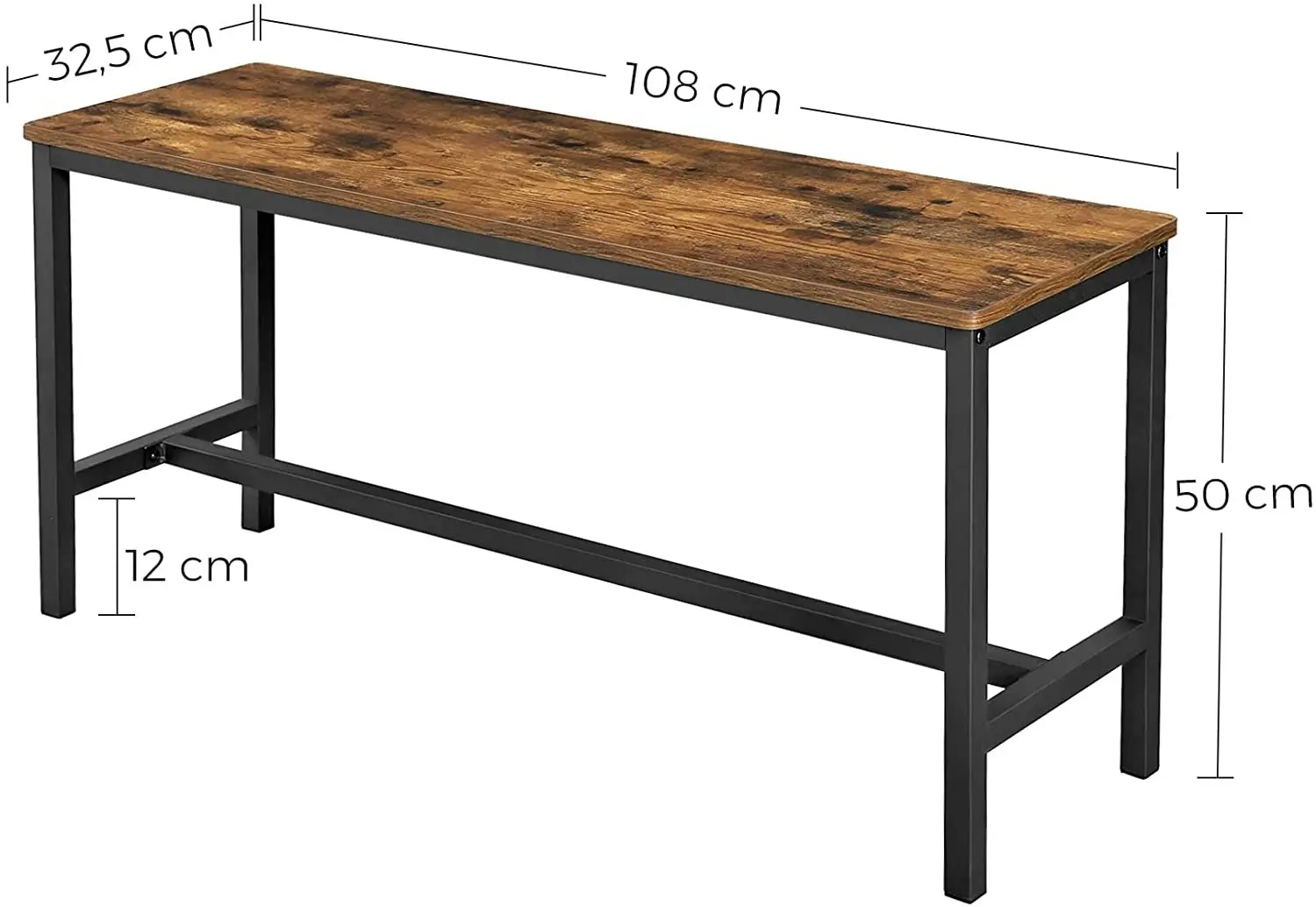 Set of 2 Table Benches Industrial Style Durable Metal Frame, 108 x 32.5 x 50 cm, Rustic Brown