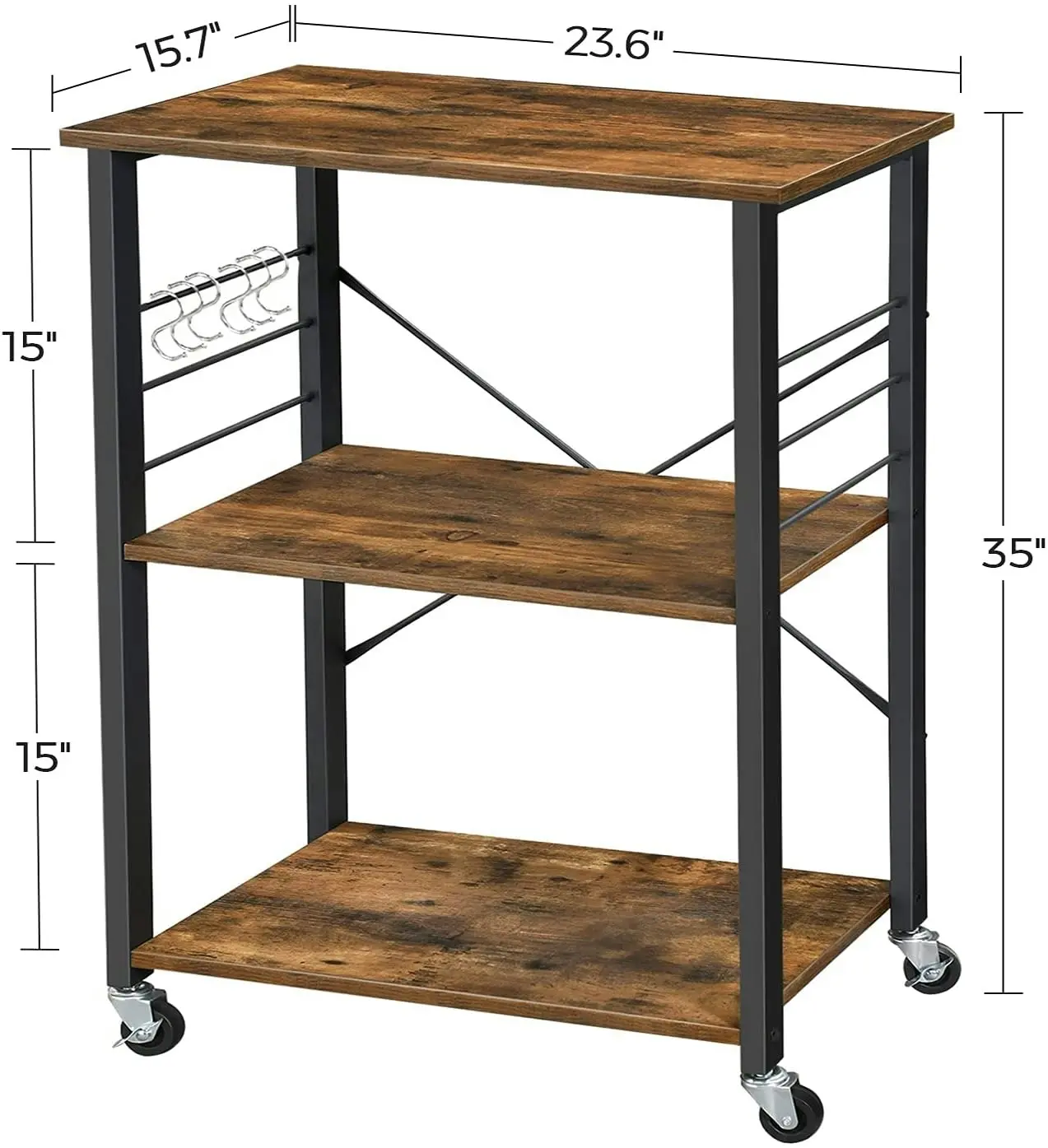 Kitchen Bakers Rack,  3-Tier Serving Cart with Metal Frame and 6 Hooks, Rustic Brown