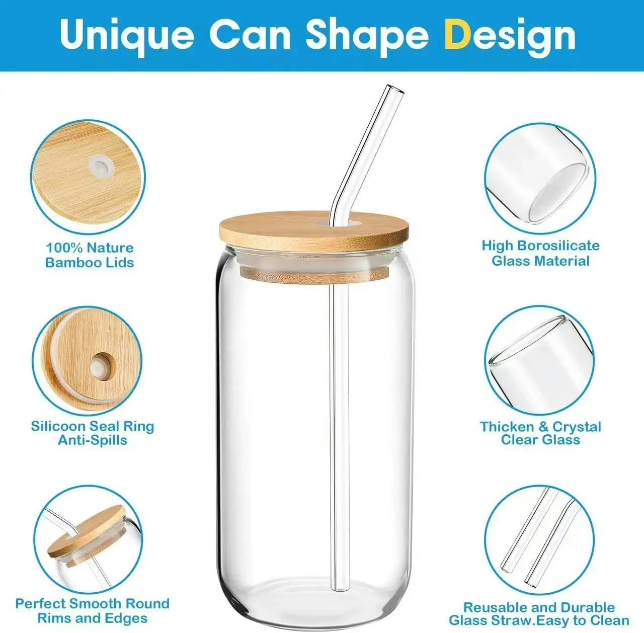 12-Pack Clear Glass Cup Set: Glasses with Bamboo Lids, Straws