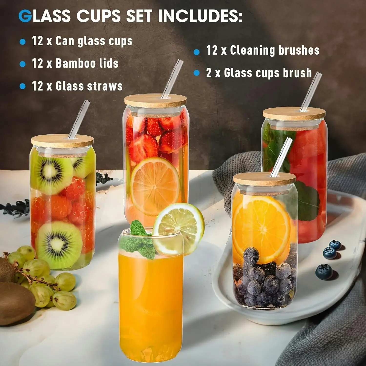 12-Pack Clear Glass Cup Set: Glasses with Bamboo Lids, Straws