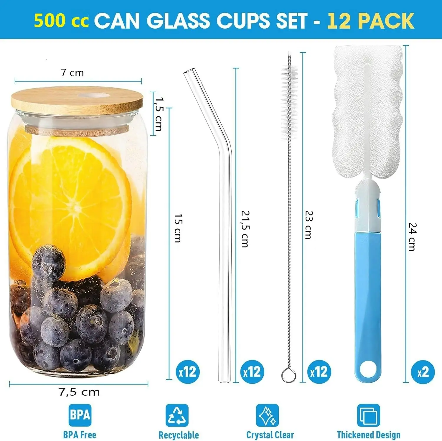 12-Pack Clear Glass Cup Set: Glasses with Bamboo Lids, Straws