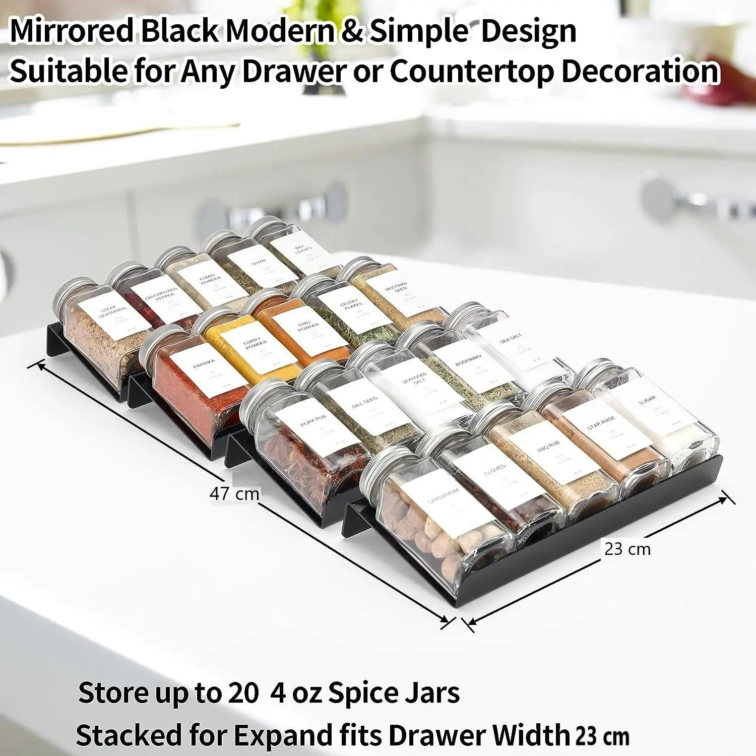 Spice Drawer Wider Organizer, Black Acrylic 4 Tier Jars Drawer Insert