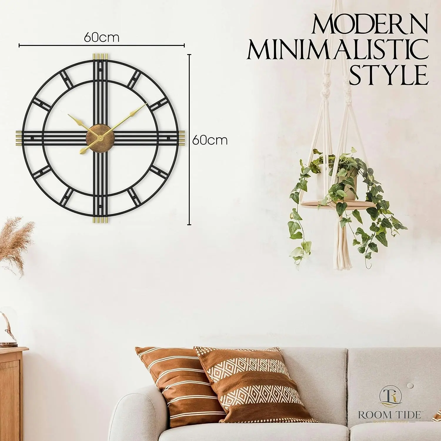 Large Wall Clock for Living Room DÃƒÂ©cor, Modern Black 60cm