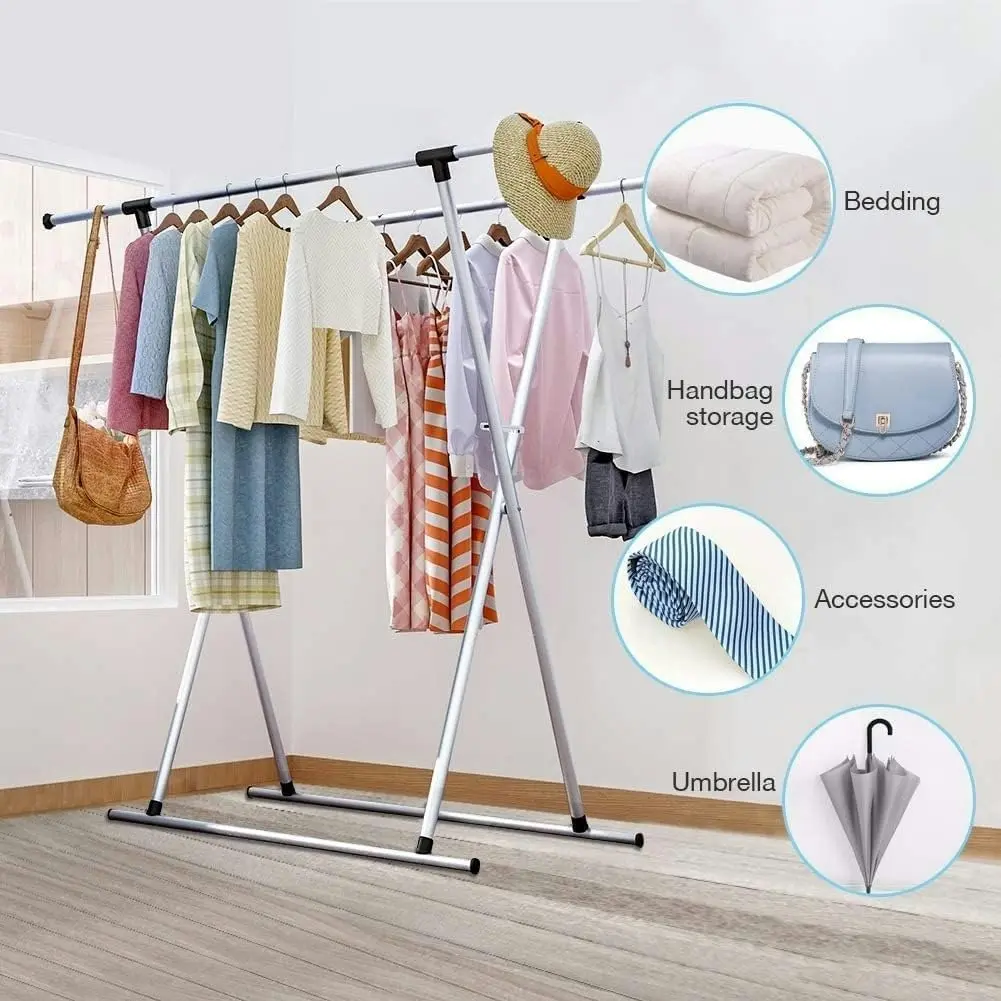 Clothes Drying Rack Double Rail Adjustable Telescopic Folding Space Saving