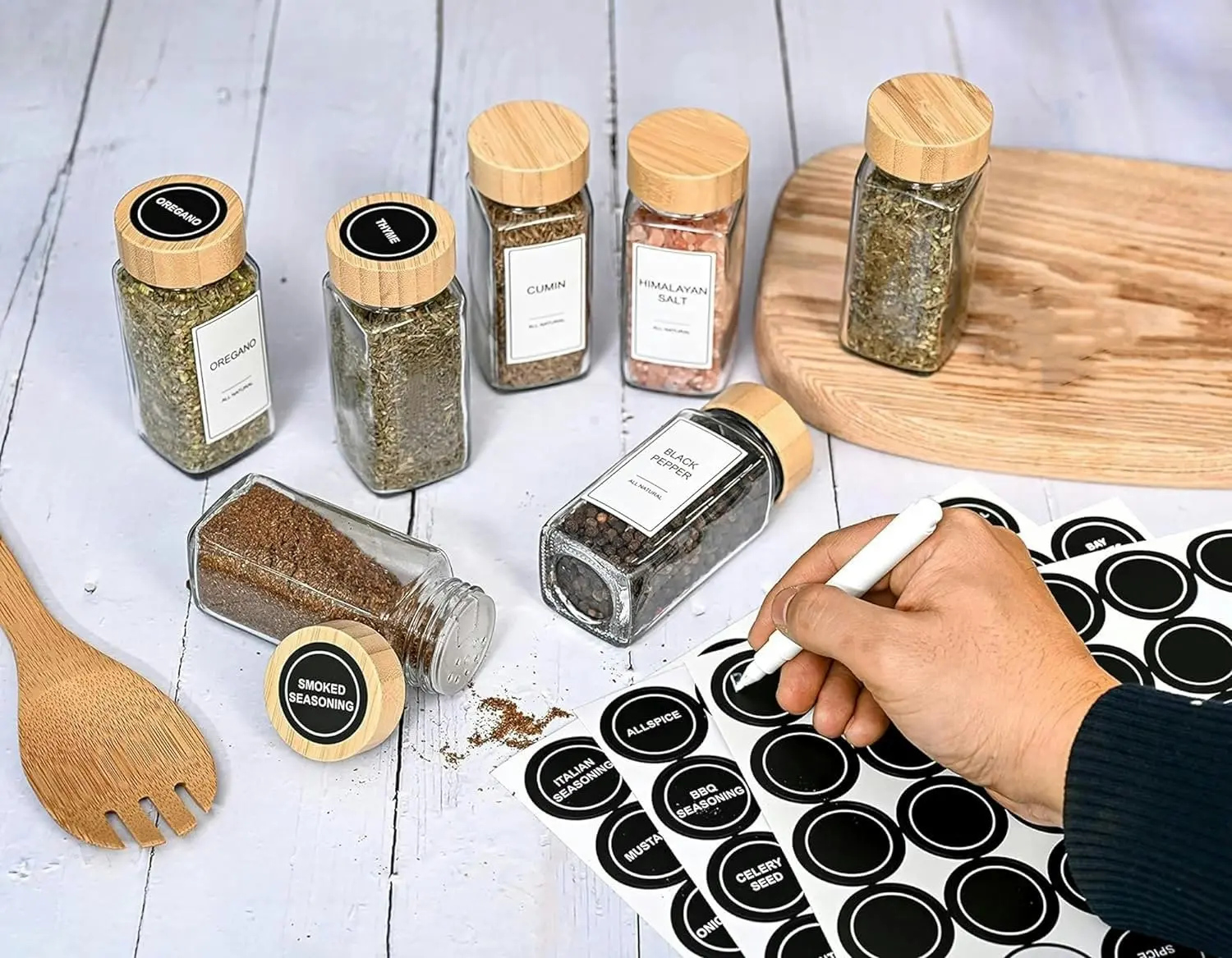 24pcs Glass Spice Jars Bamboo Lids Square Storage Preprinted Labels