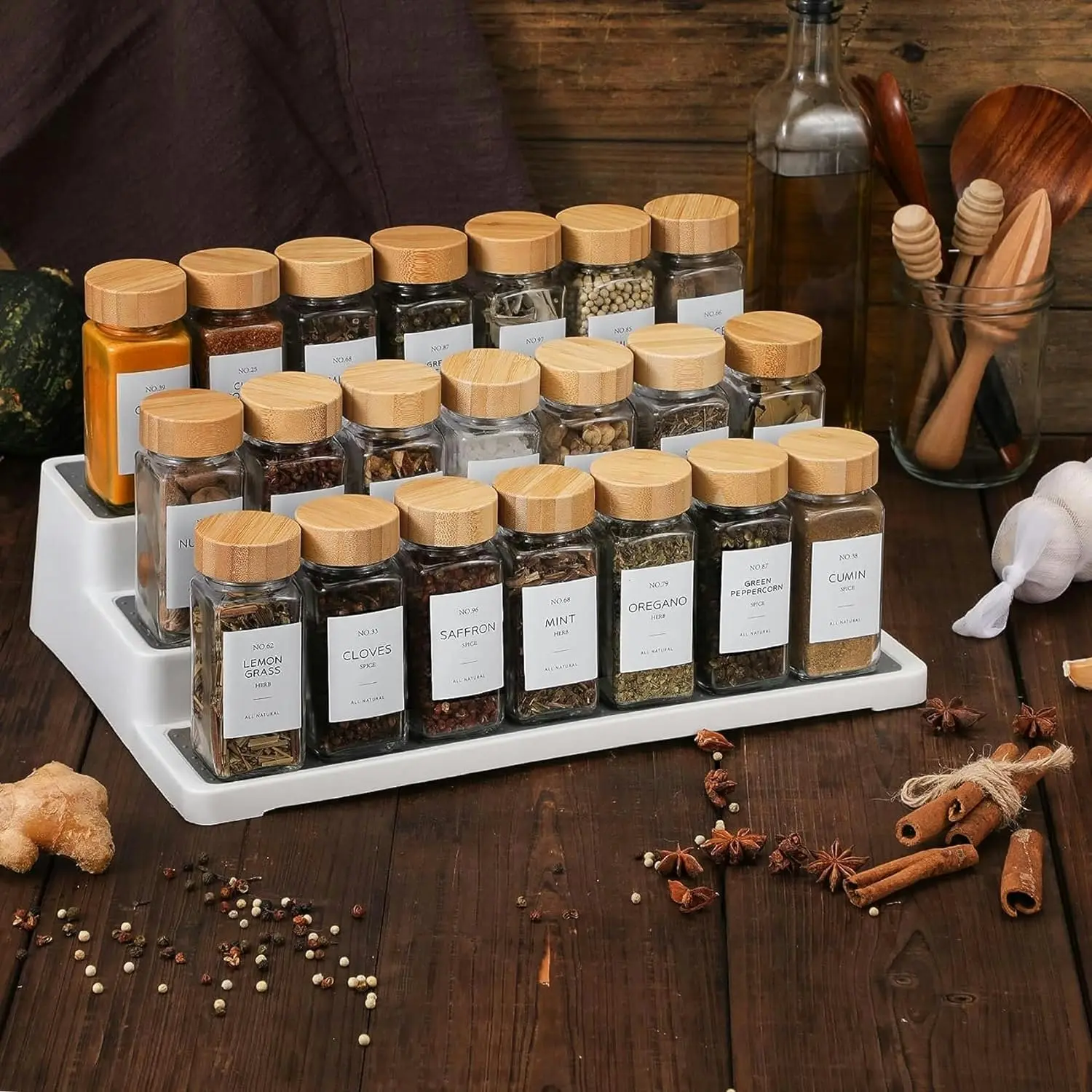 24pcs Glass Spice Jars Bamboo Lids Square Storage Preprinted Labels