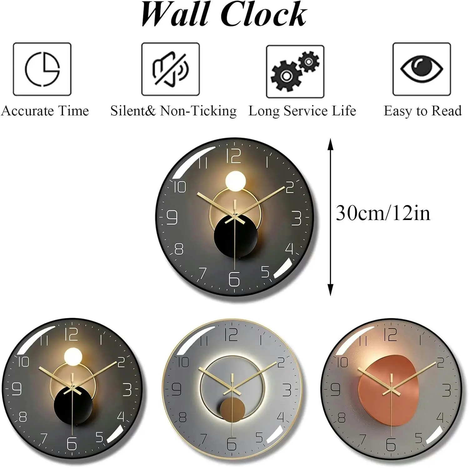 Wall Clock 3D Curved Glass, Silent Non-Ticking Battery Operated Decor