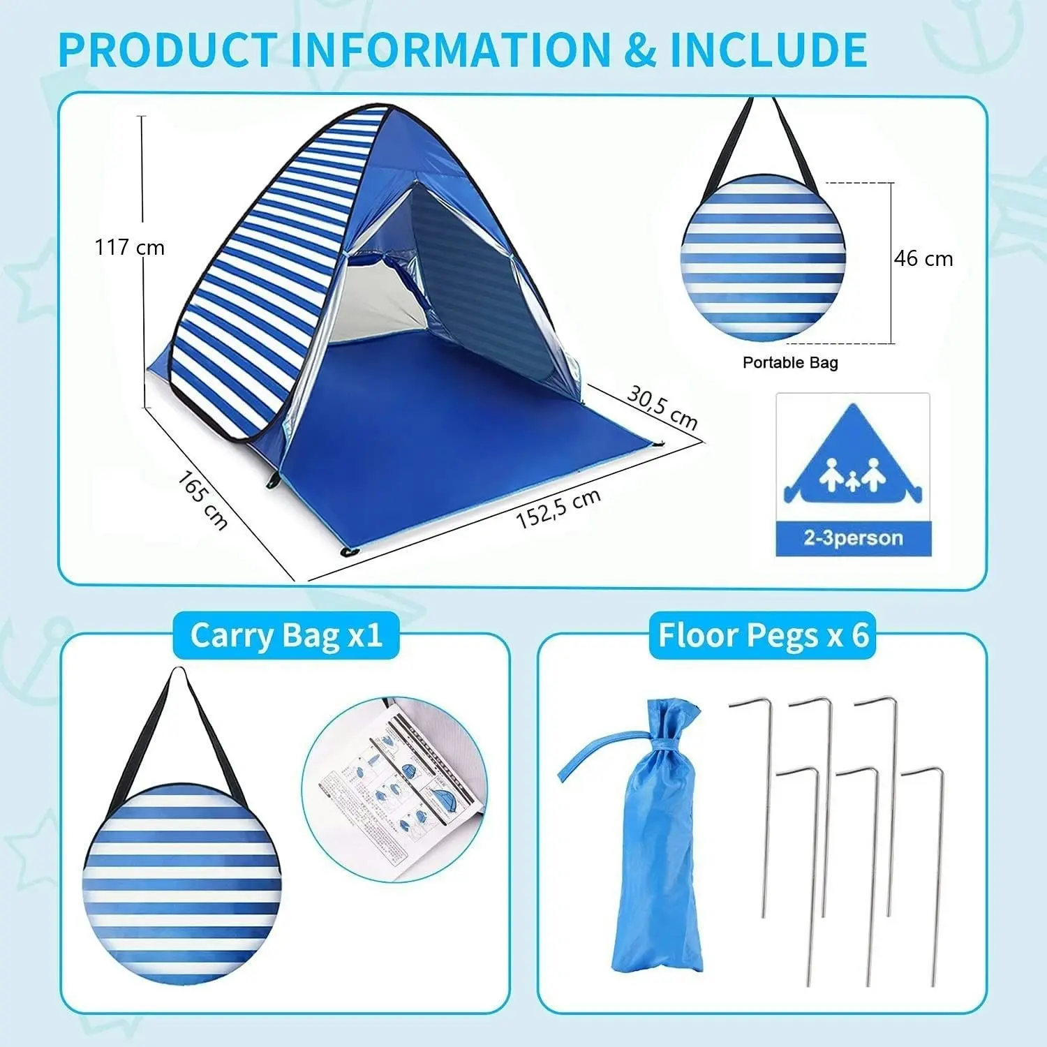 Easy Pop Up Beach Tent 2-3 Person Sun Shelter, Lightweight Family Beach Shade UPF 50+ Anti UV