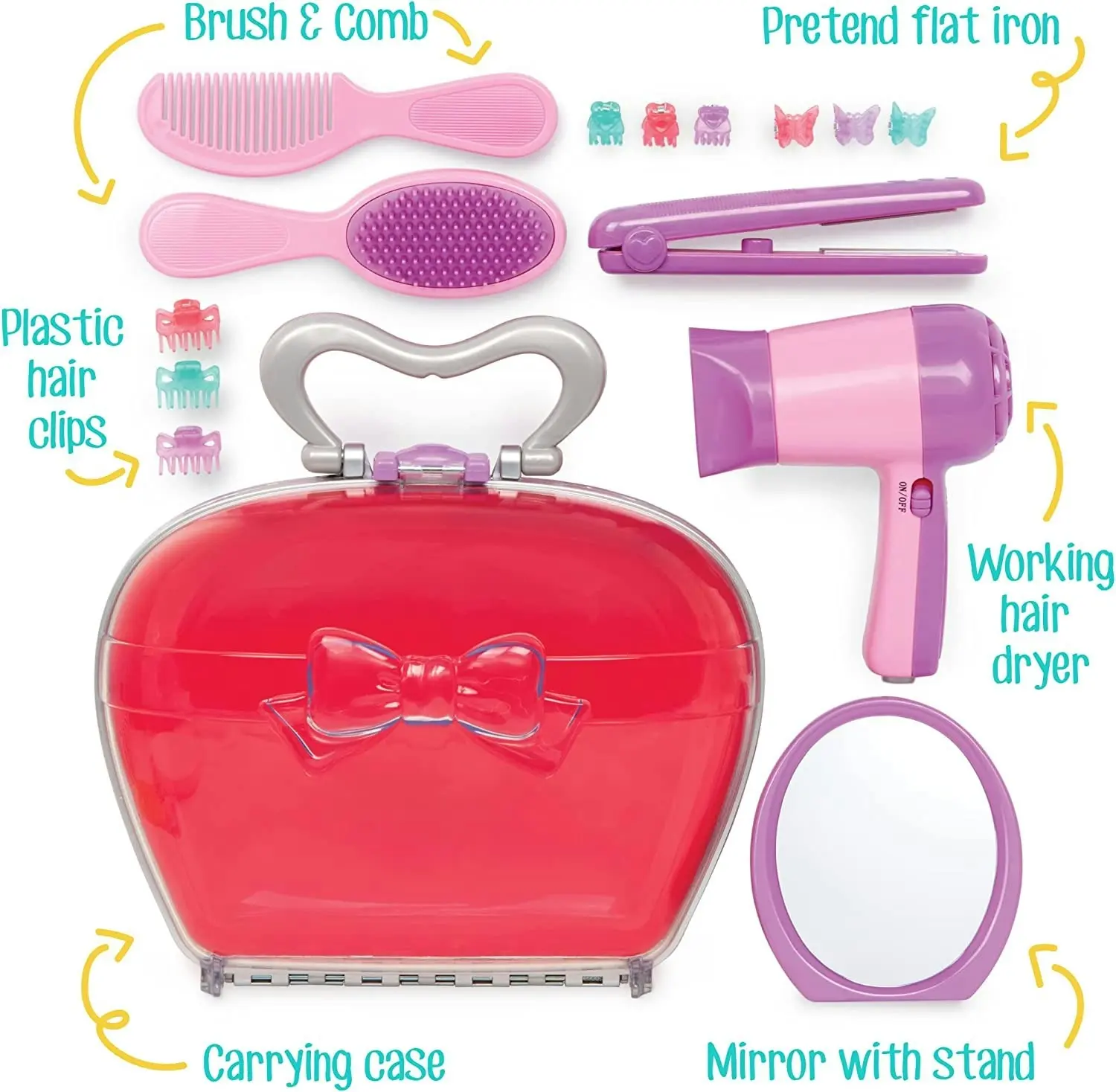 Pink Beauty Shop Hairdressing Set, Mirror, Brush Kit, Working Hair Dryer with Sounds & Air, Salon Accessories