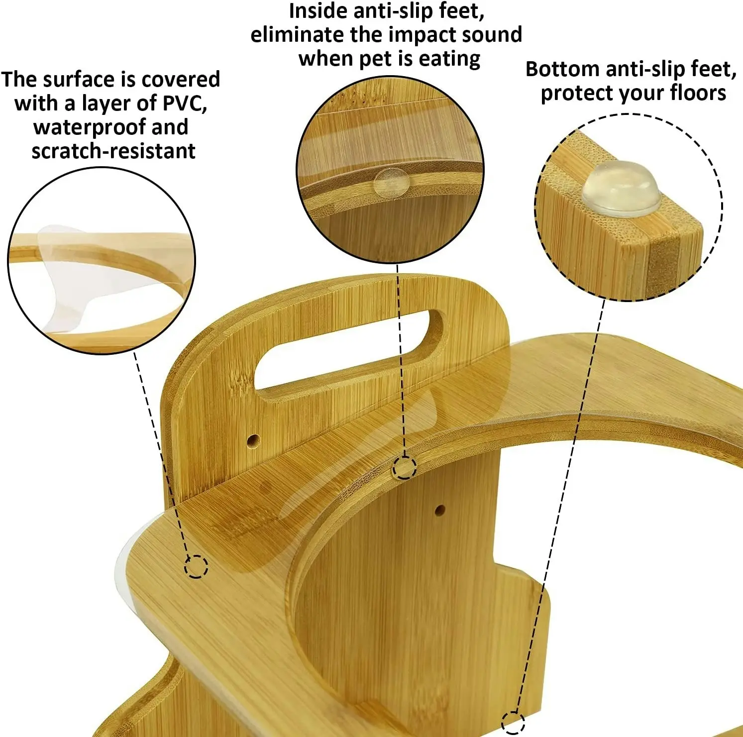 Bamboo Adjustable Raised Pet Bowls for Cats and Dogs with 2 Stainless Steel Bowls and Anti Slip Feet