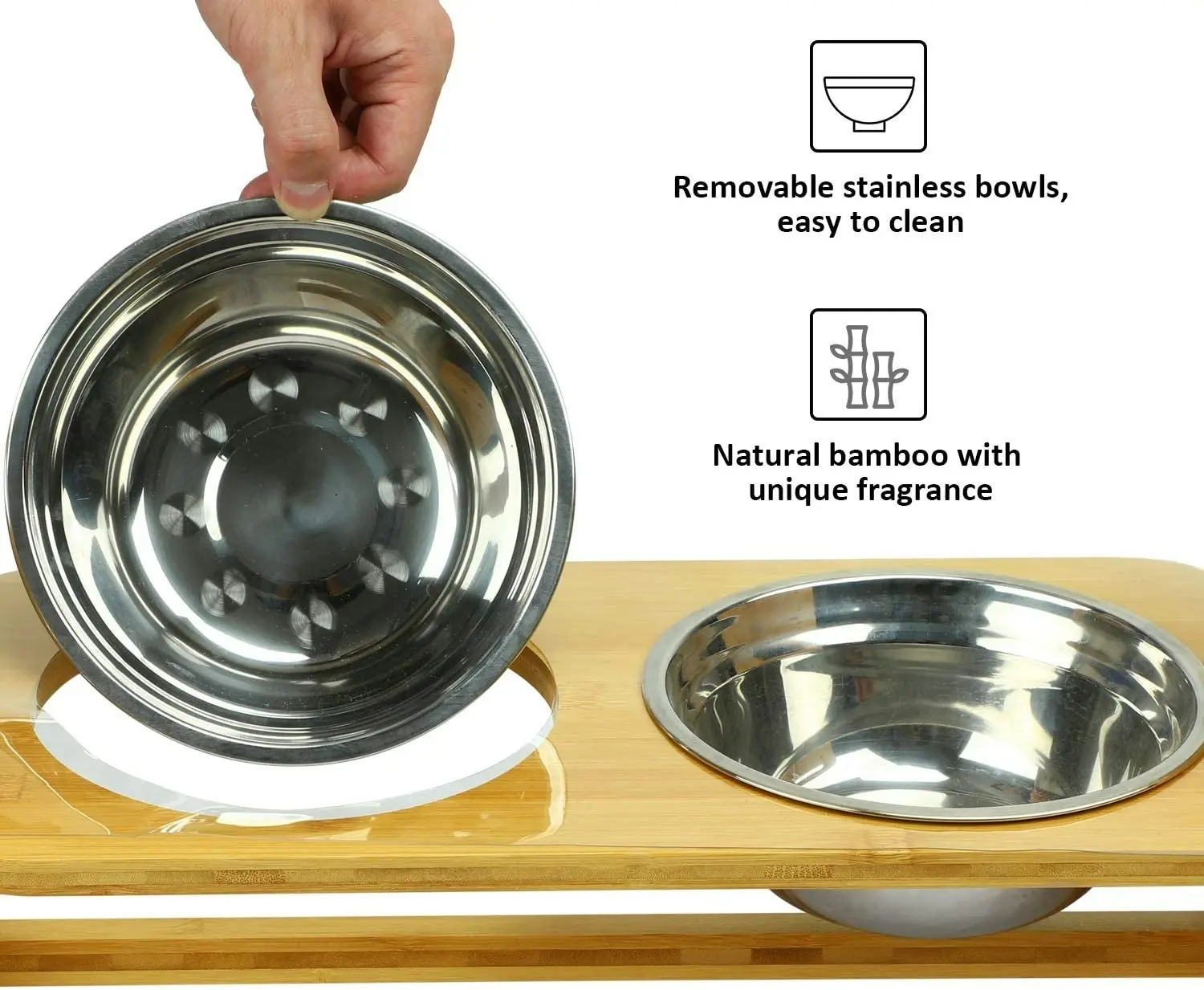 Bamboo Adjustable Raised Pet Bowls for Cats and Dogs with 2 Stainless Steel Bowls and Anti Slip Feet