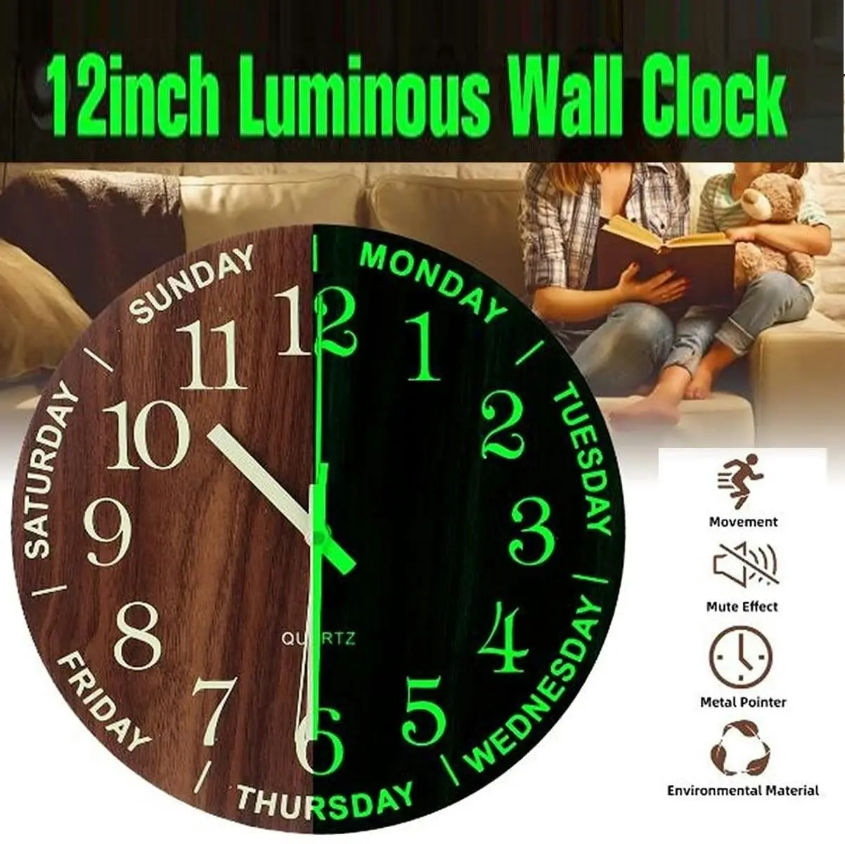 Wall Clock Glow in The Dark (Silent Non-Ticking)