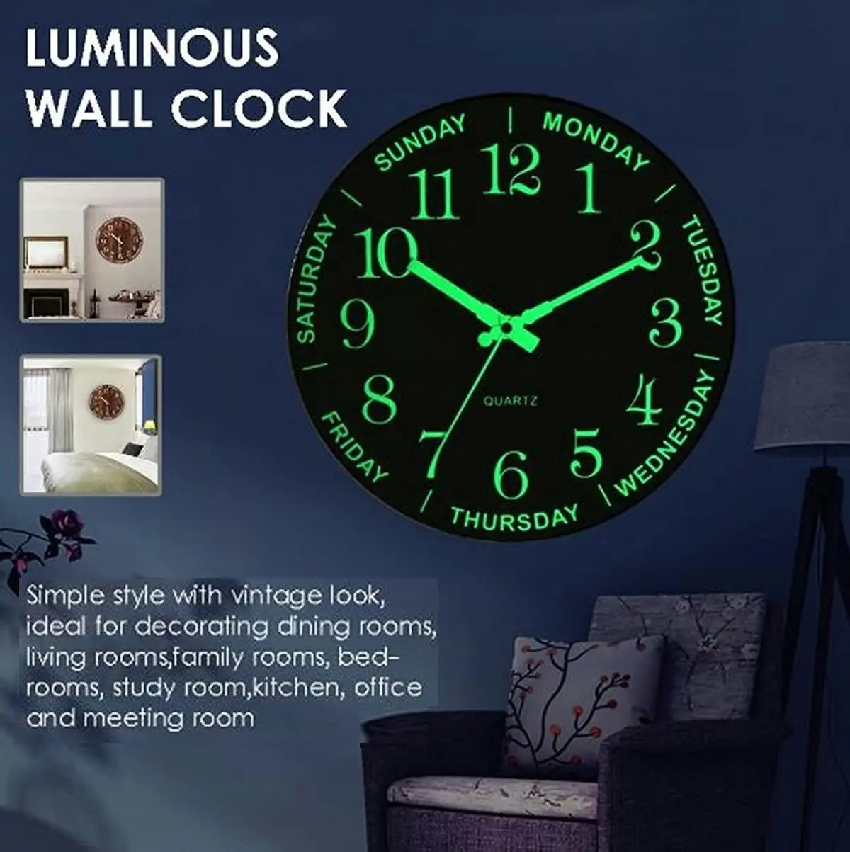 Wall Clock Glow in The Dark (Silent Non-Ticking)