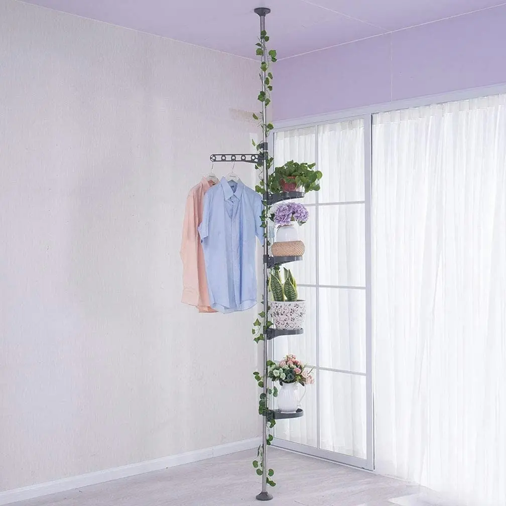 5-Layer Tension Pole Plant Stand Indoor Metal Flower Display Rack Space Saver