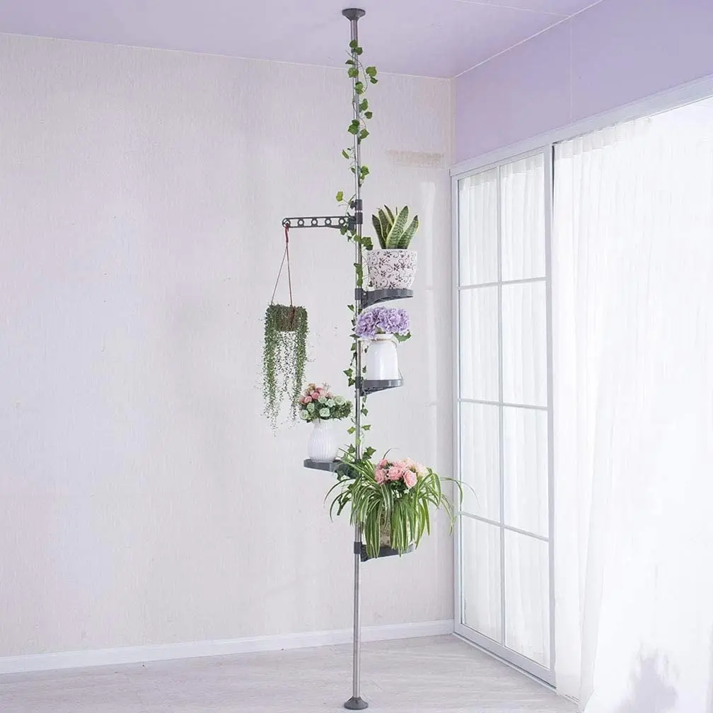 5-Layer Tension Pole Plant Stand Indoor Metal Flower Display Rack Space Saver