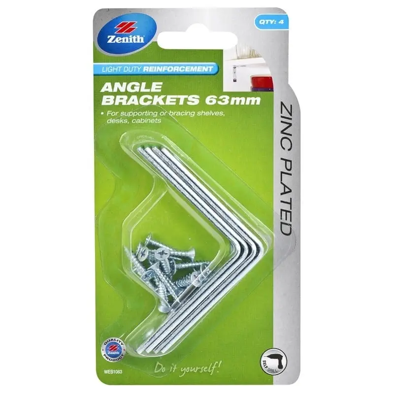 Zinc Plated 63mm Angle Bracket 4 Pack