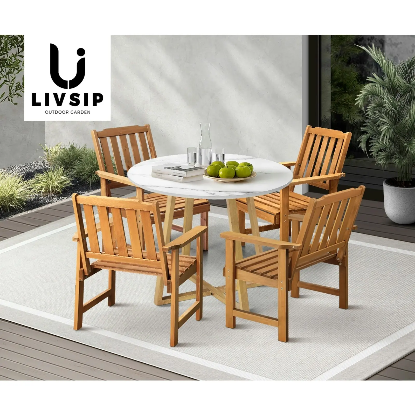 Livsip Outdoor Patio Set Solid Wood Chair and Table 5PC Furniture Dining Setting