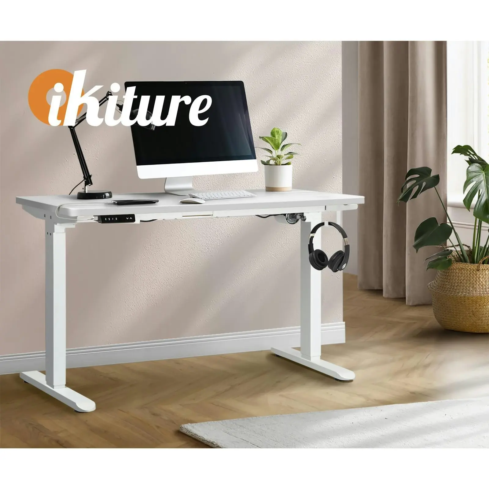 Oikiture 150CM Electric Standing Desk Single Motor White Frame White Desktop