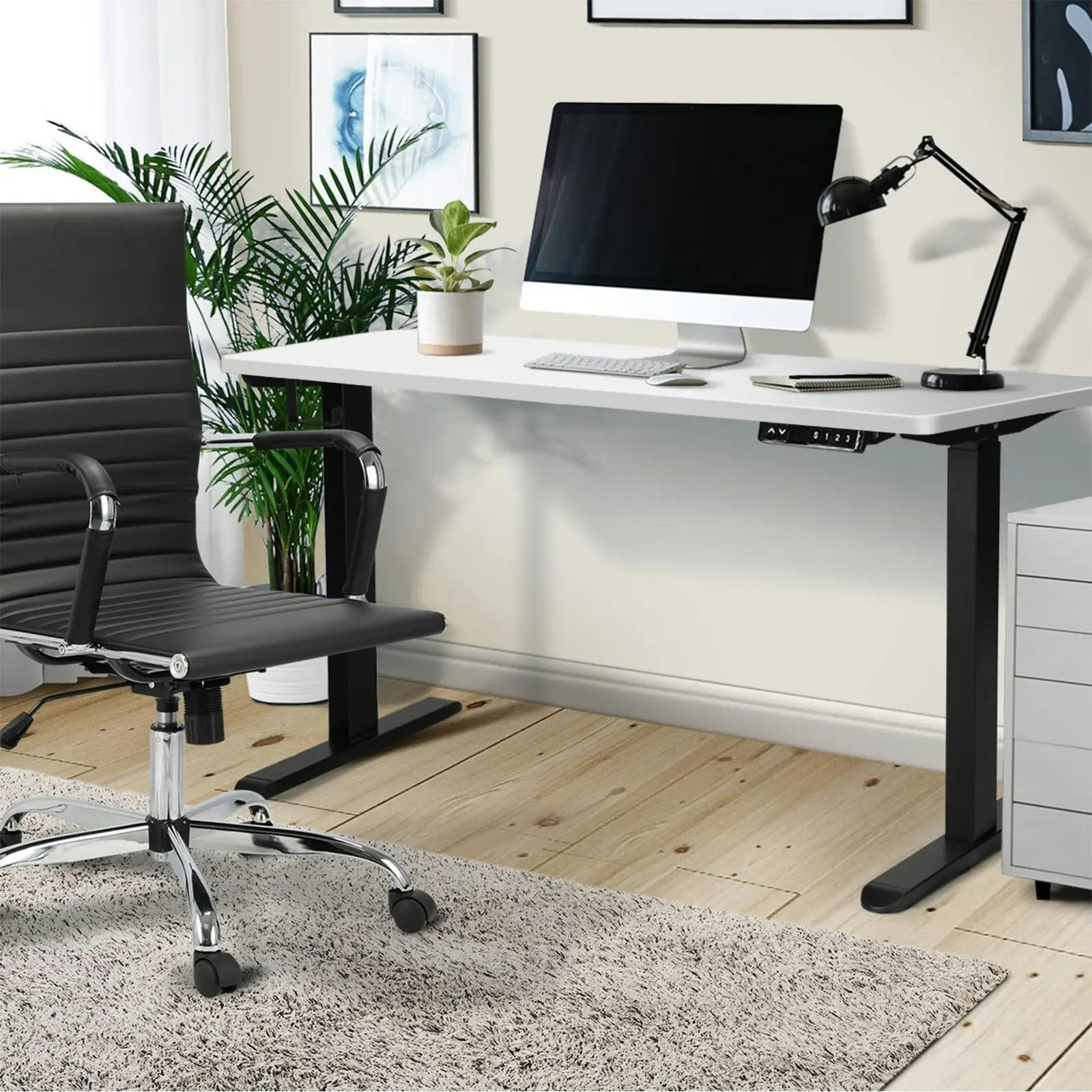 Oikiture 150cm Electric Standing Desk Dual Motor Black Frame White Desktop