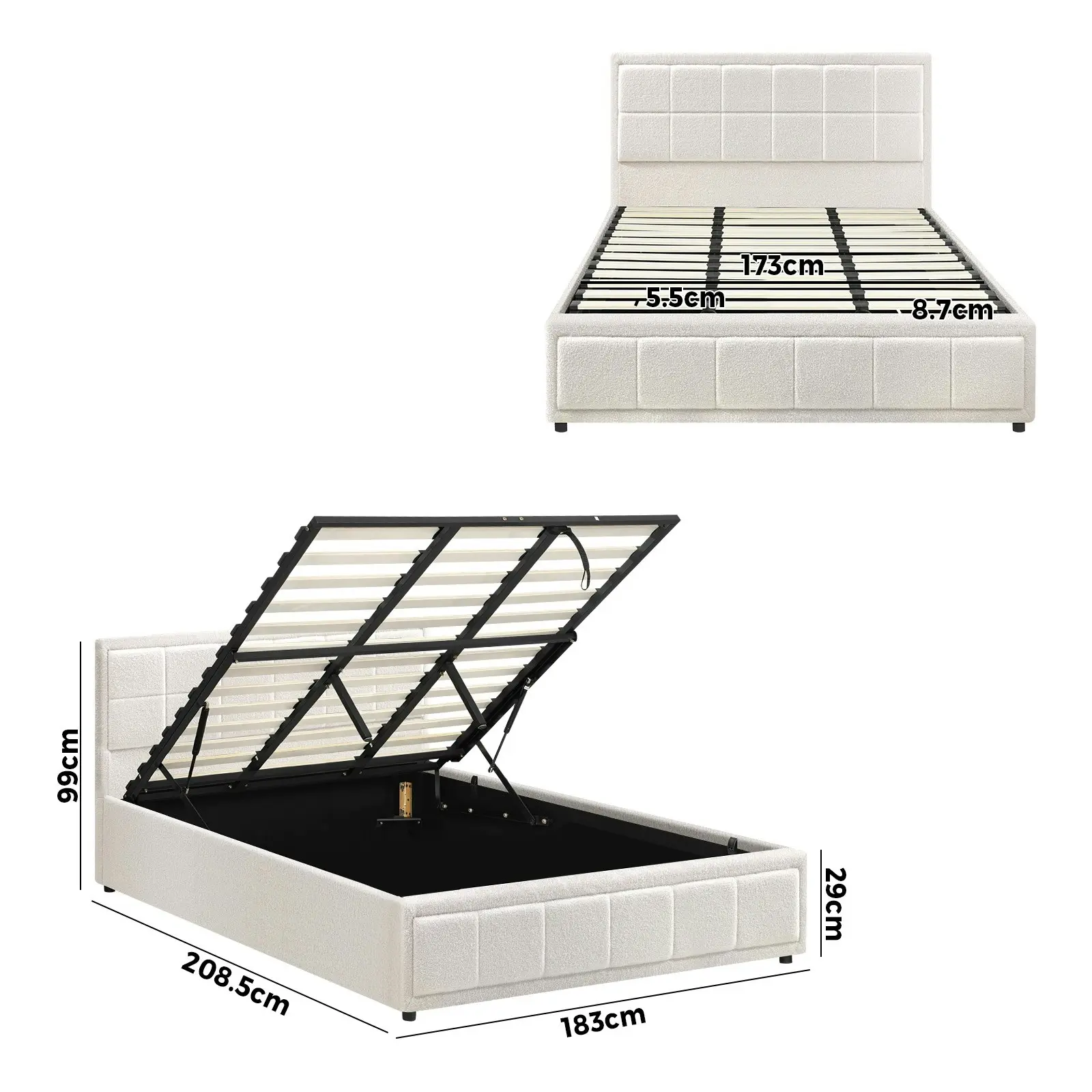 Oikiture Bed Frame King Size Gas Lift Storage Bed Platform Boucle White