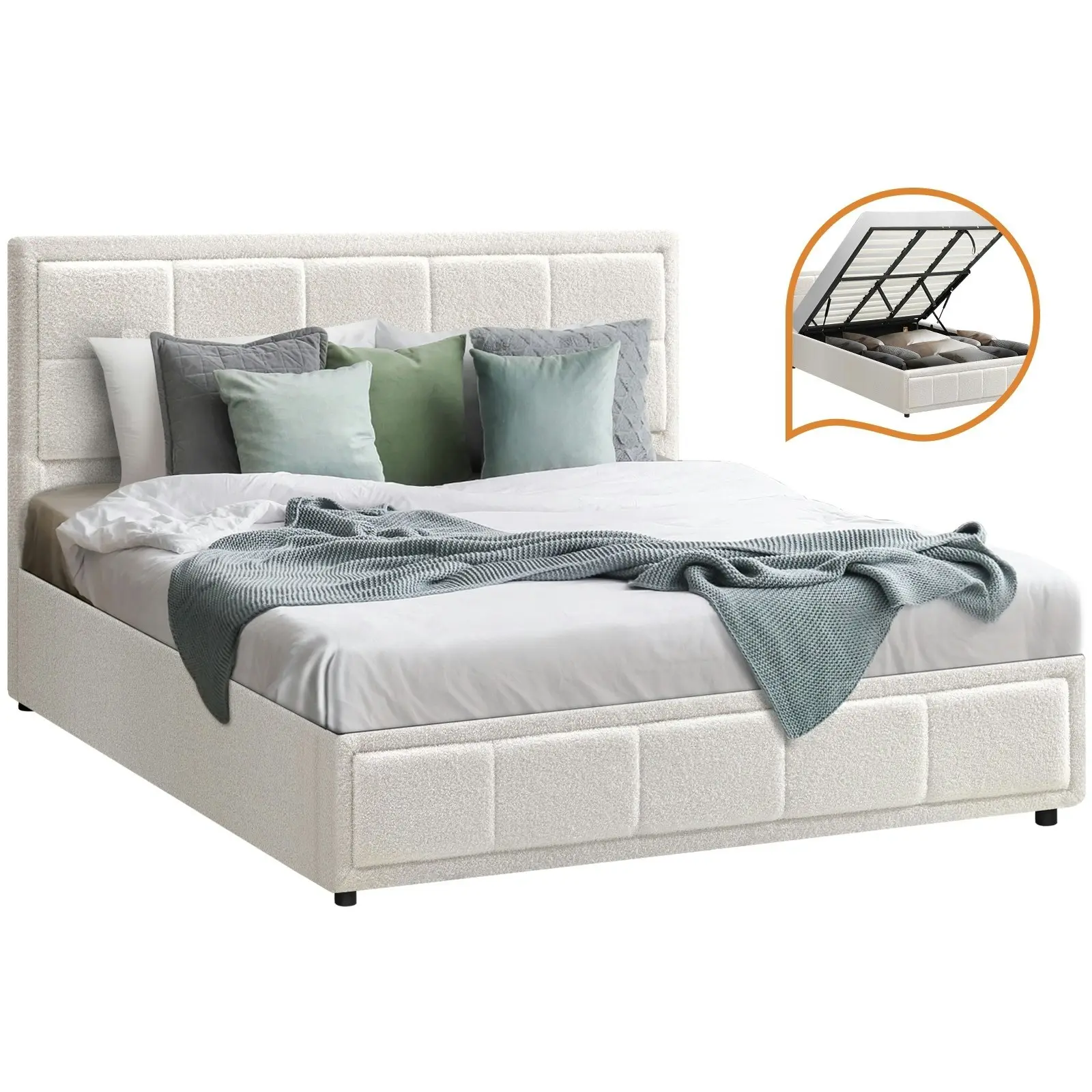 Oikiture Bed Frame King Size Gas Lift Storage Bed Platform Boucle White