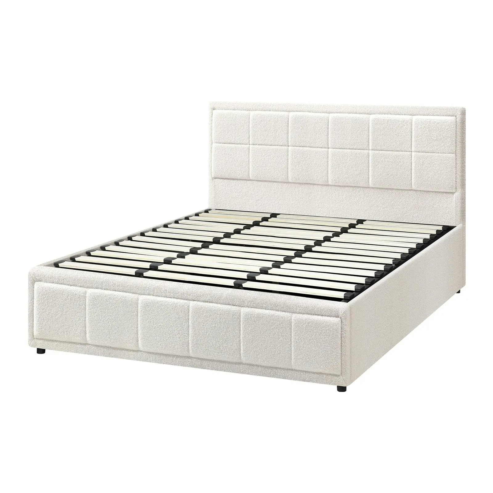 Oikiture Bed Frame King Size Gas Lift Storage Bed Platform Boucle White