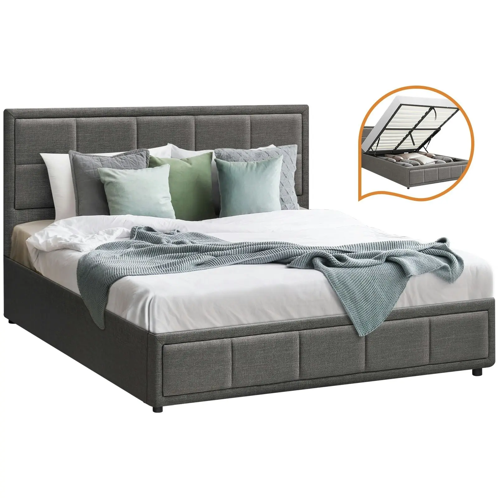 Oikiture Bed Frame Double Size Gas Lift Storage Base Fabric Grey