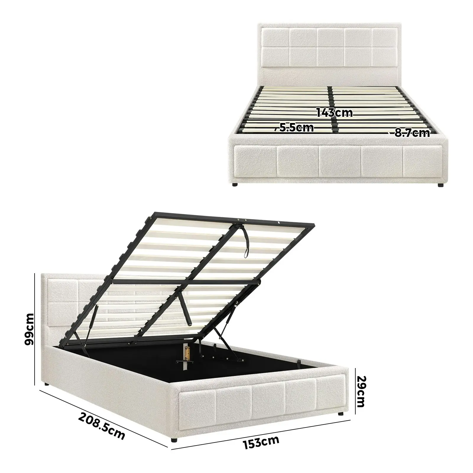 Oikiture Bed Frame Queen Size Gas Lift Storage Bed Platform Boucle White