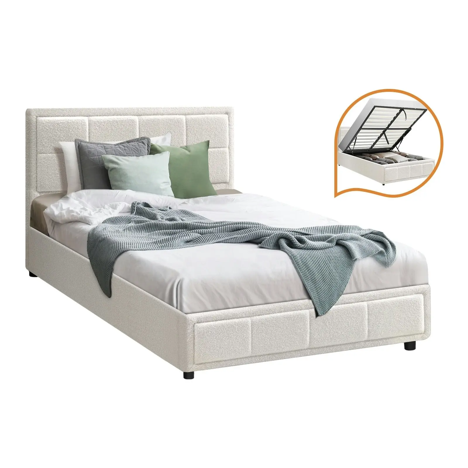 Oikiture Bed Frame King Single Gas Lift Storage Bed Platform Boucle White