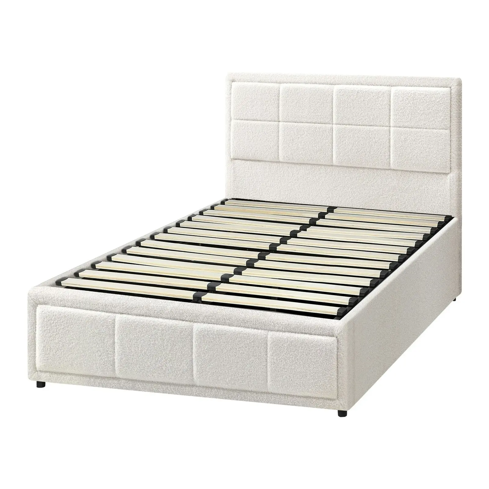 Oikiture Bed Frame King Single Gas Lift Storage Bed Platform Boucle White