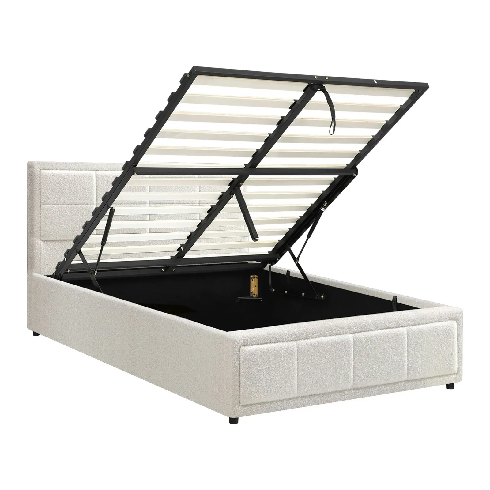 Oikiture Bed Frame King Single Gas Lift Storage Bed Platform Boucle White