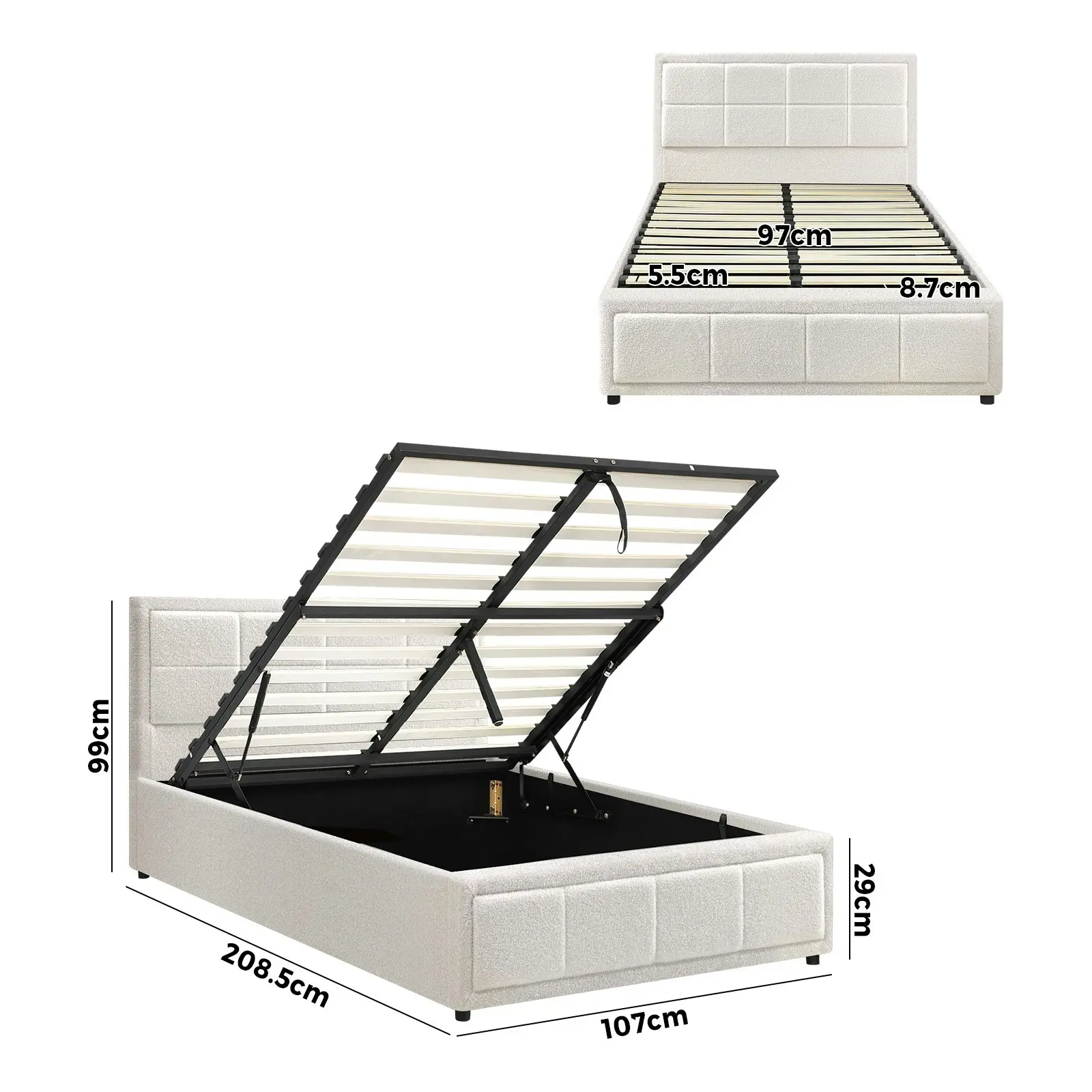 Oikiture Bed Frame King Single Gas Lift Storage Bed Platform Boucle White