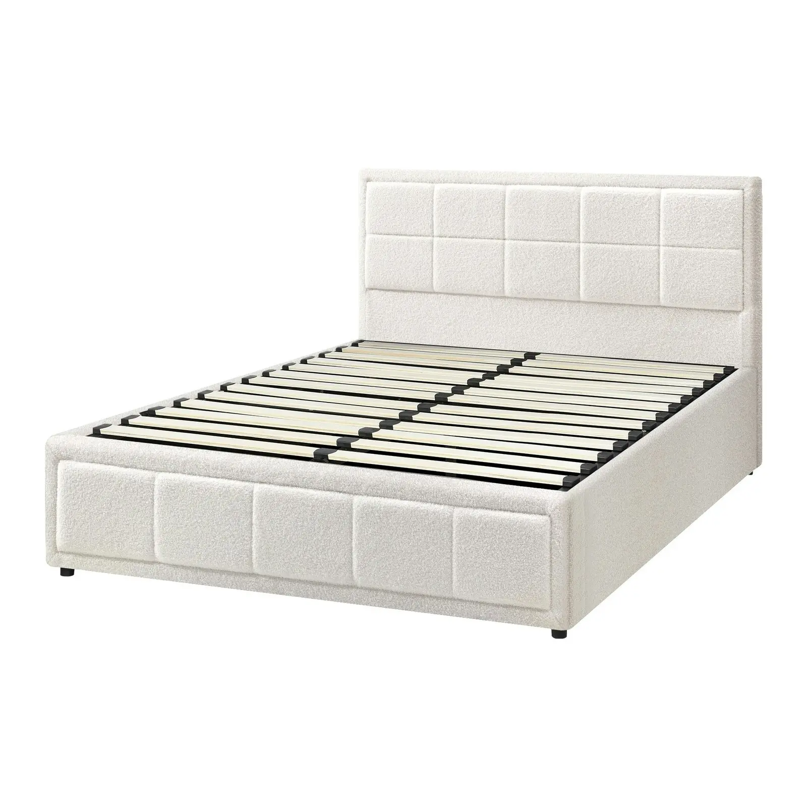 Oikiture Bed Frame Double Size Gas Lift Storage Bed Platform Boucle White