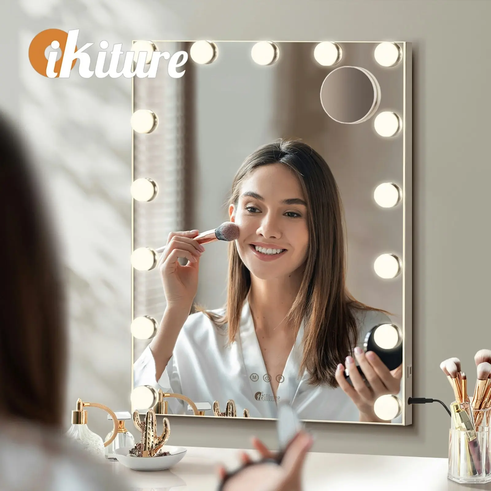 Oikiture 61x43cm LED Makeup Mirror Bluetooth Hollywood Vanity Wall Mirrors Standing Wall Mounted