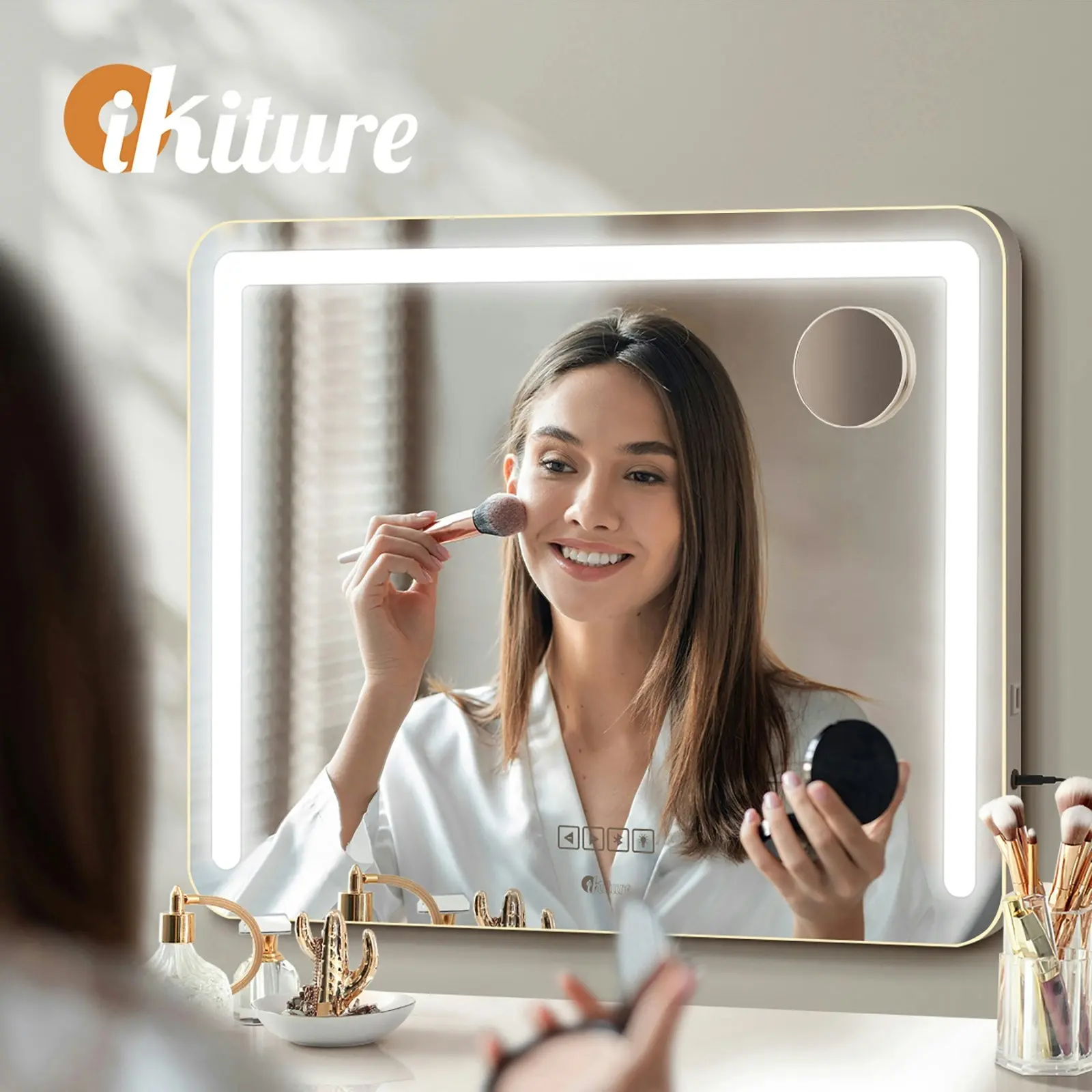 Oikiture 60x52cm Bluetooth Hollywood LED Makeup Mirror Vanity Wall Mirrors Standing Wall Mounted