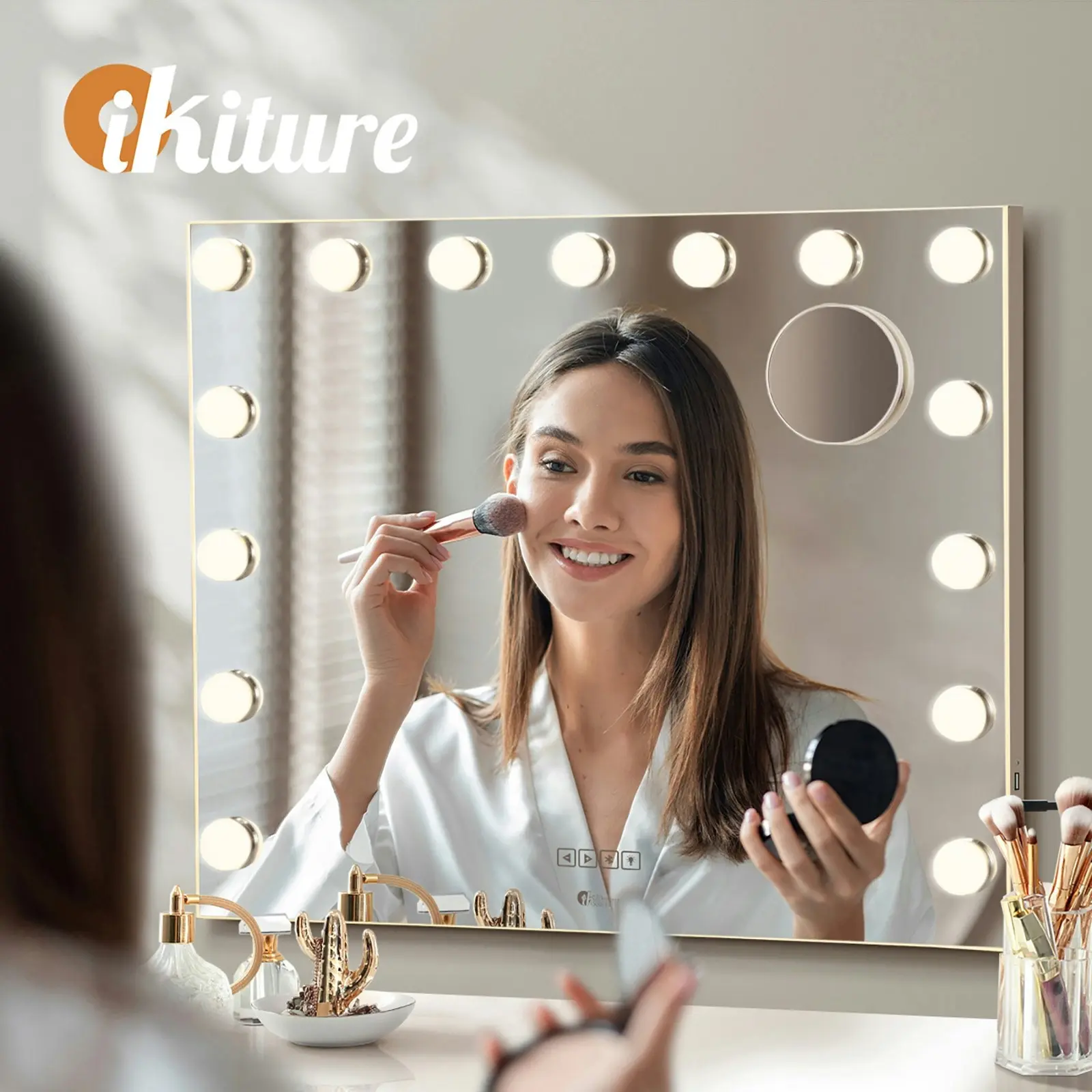 Oikiture 60x52cm Makeup Mirror Bluetooth Hollywood LED Light Vanity Mirrors Standing Wall Mounted