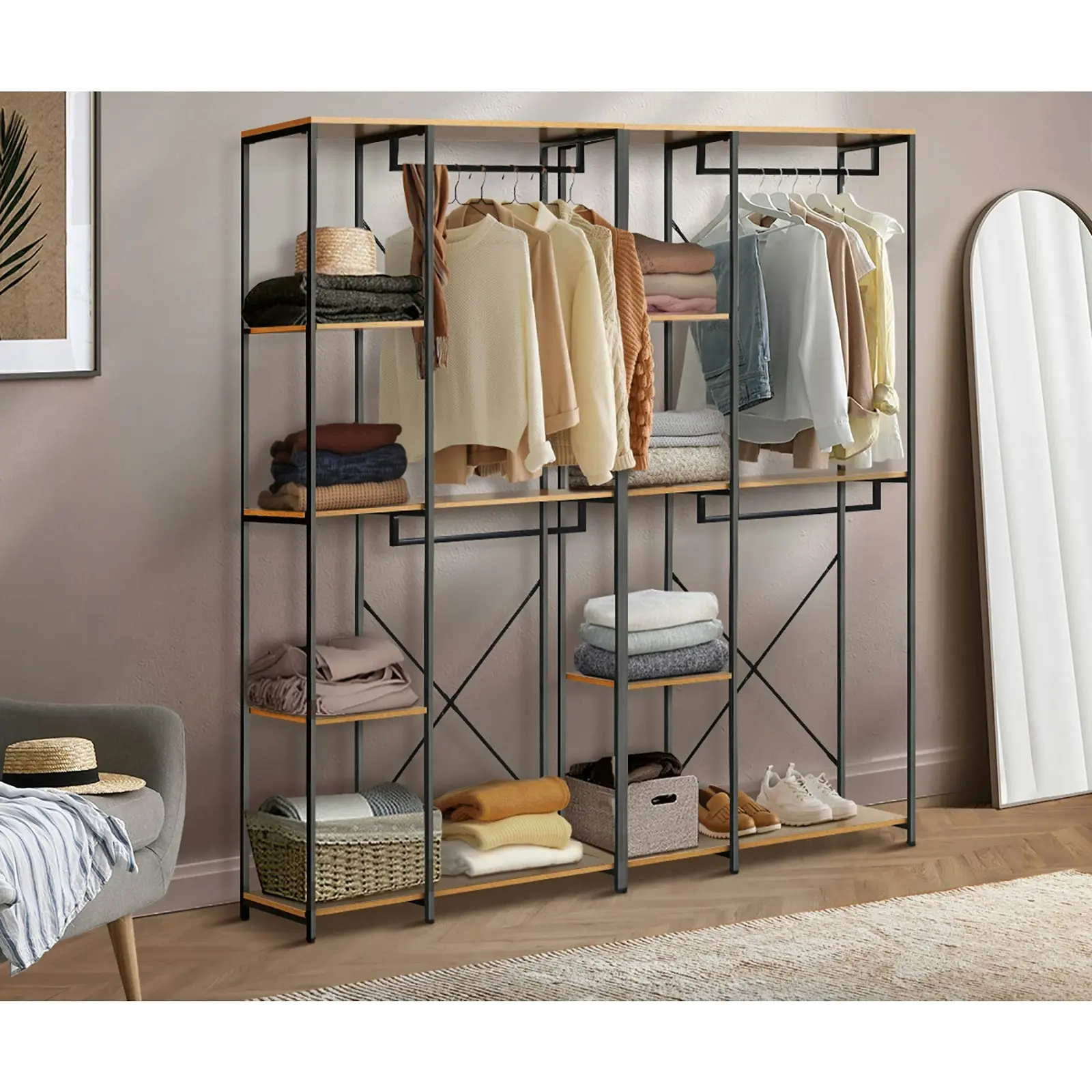 Oikiture Clothes Rack Large Open Wardrobe Garment Coat Hanging Rail 5 shelves