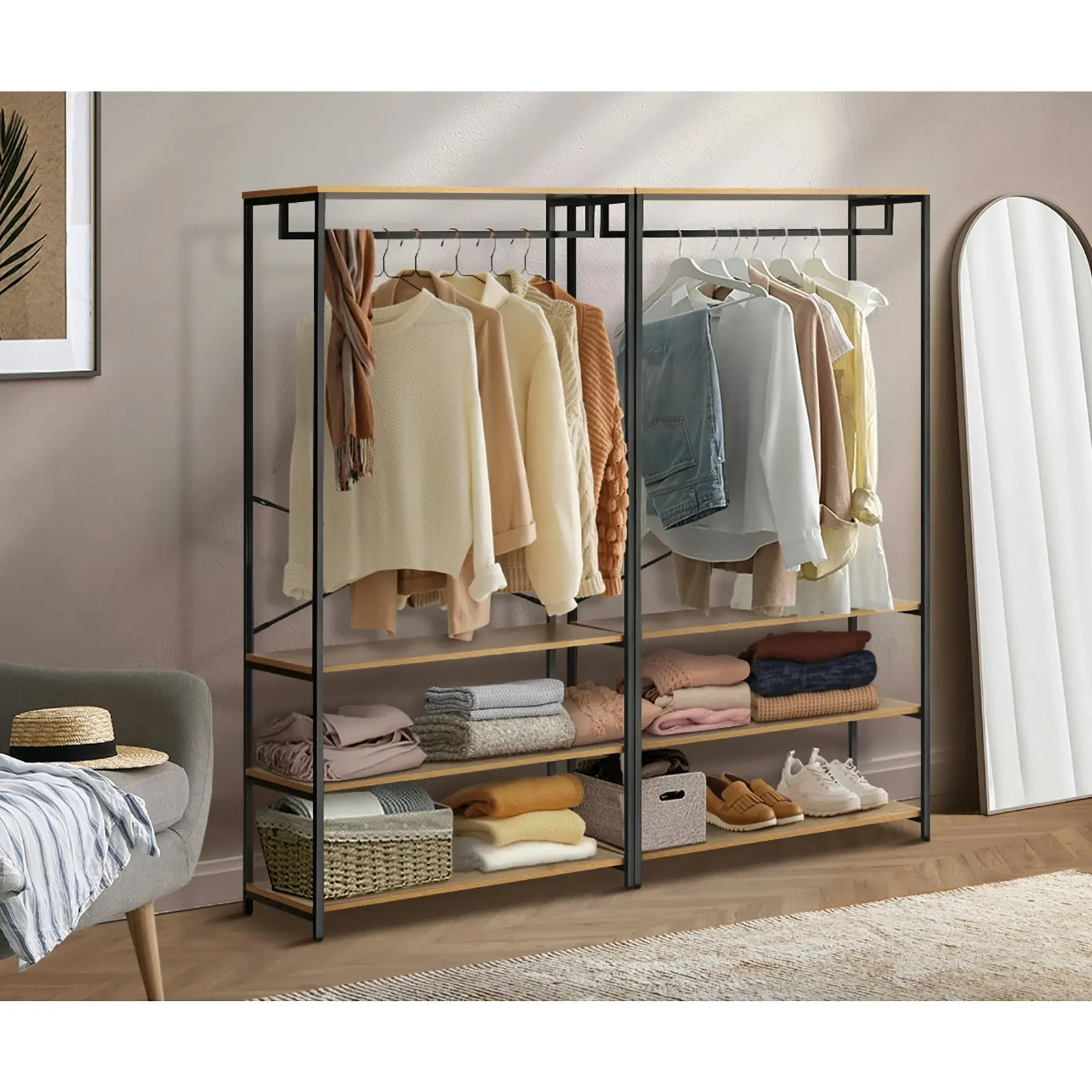 Oikiture Clothes Rack Open Wardrobe Garment Coat Hanging Rail Metal 4 shelves