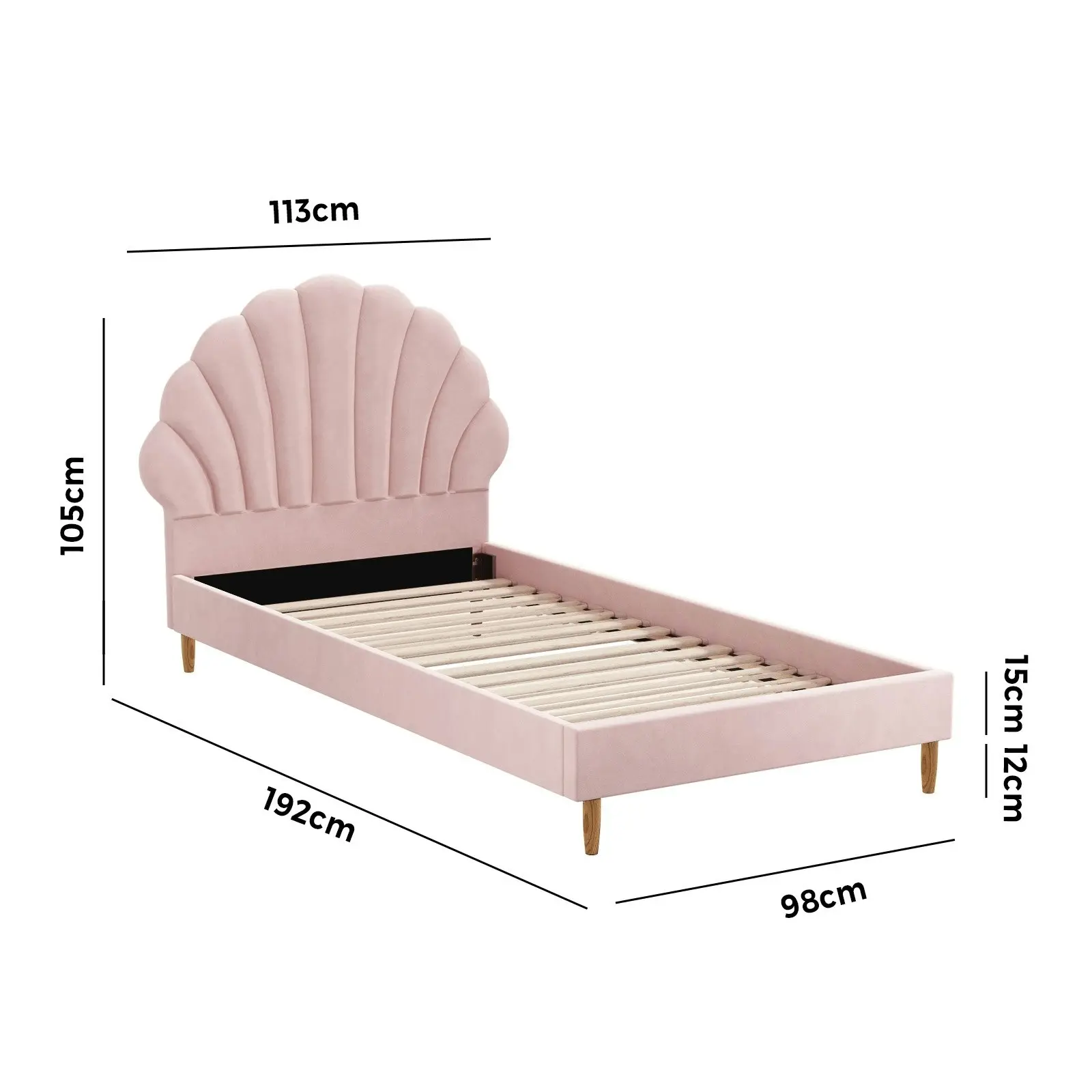 Oikiture Bed Frame Single Size Scallop-Shape Bedhead Pink Velvet