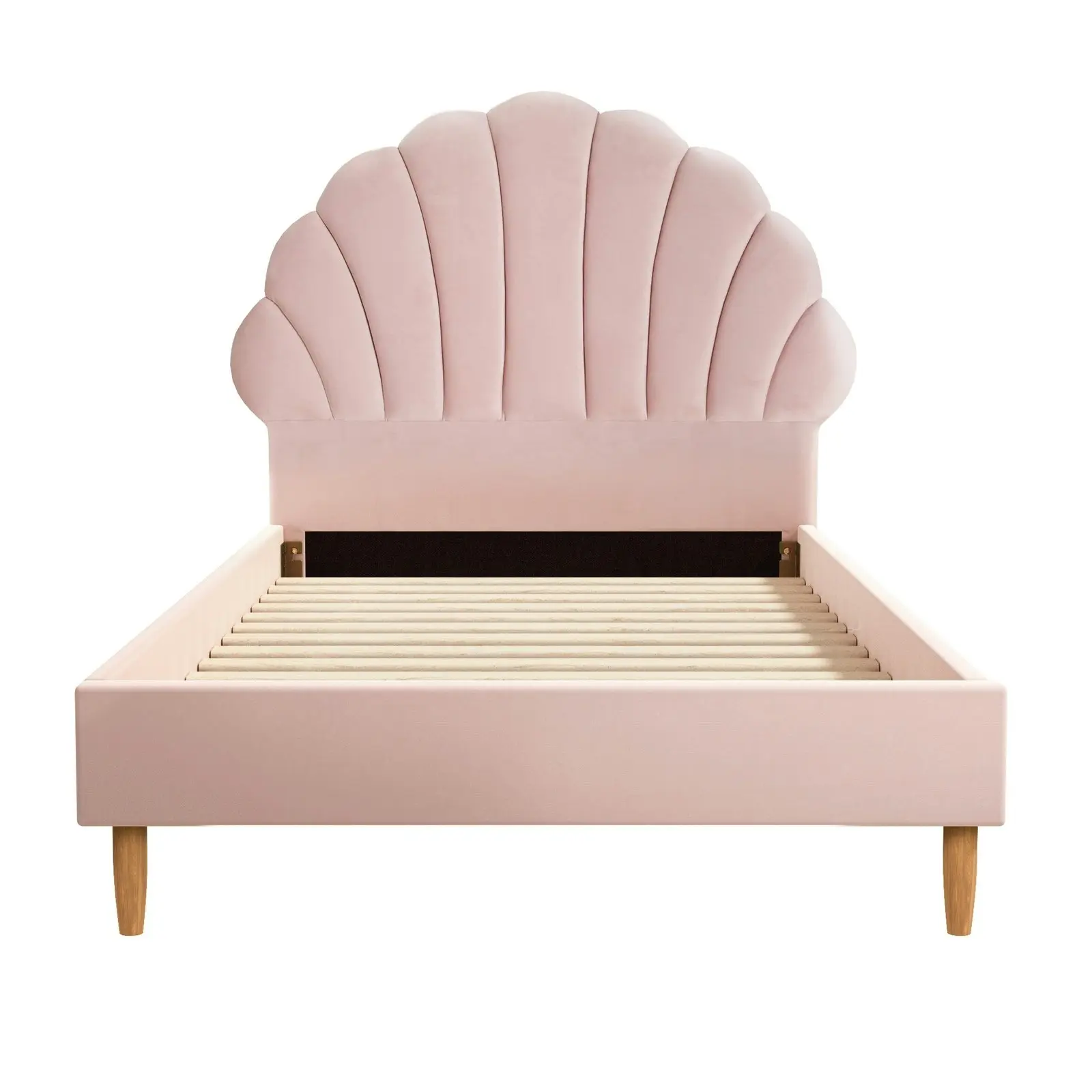 Oikiture Bed Frame Single Size Scallop-Shape Bedhead Pink Velvet