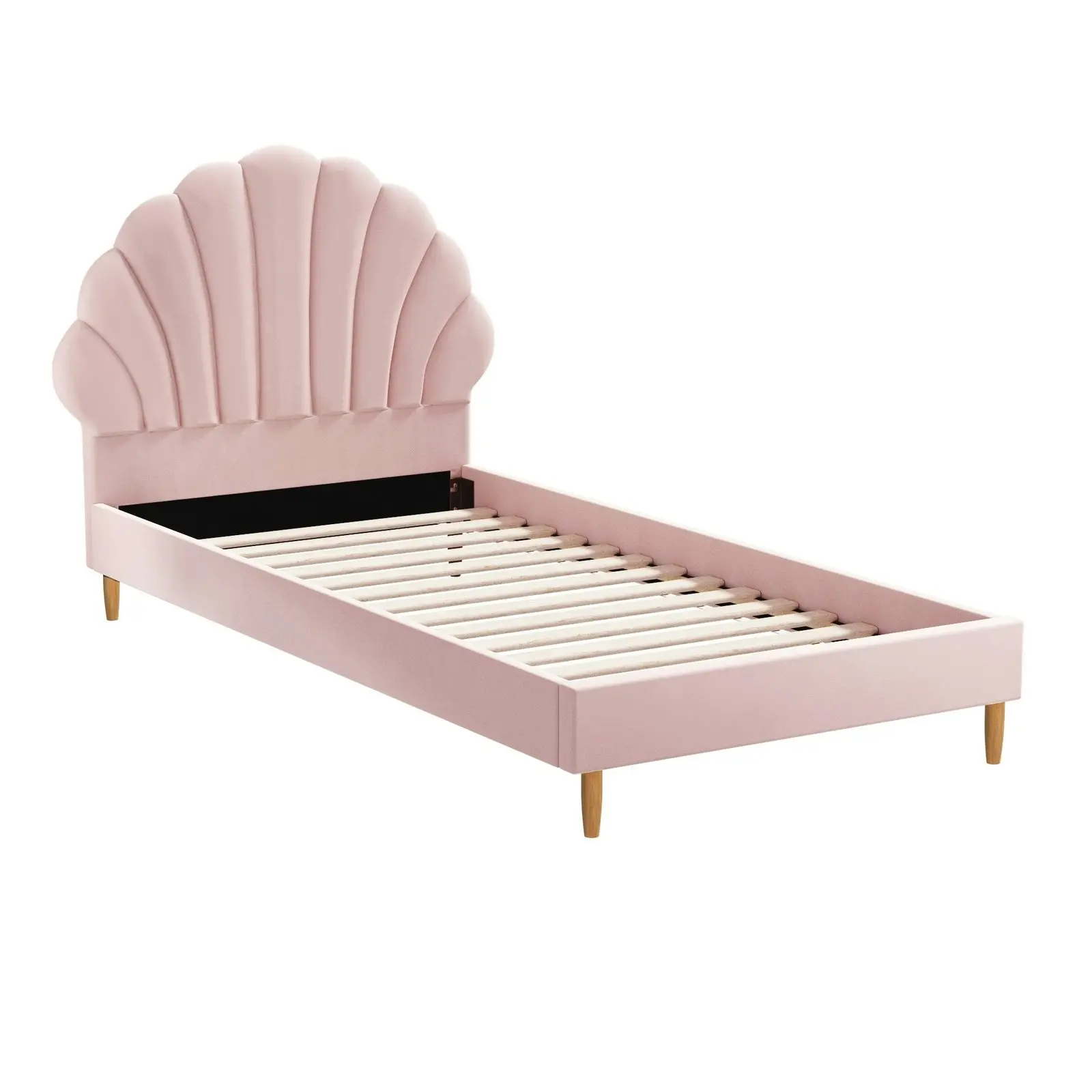 Oikiture Bed Frame Single Size Scallop-Shape Bedhead Pink Velvet