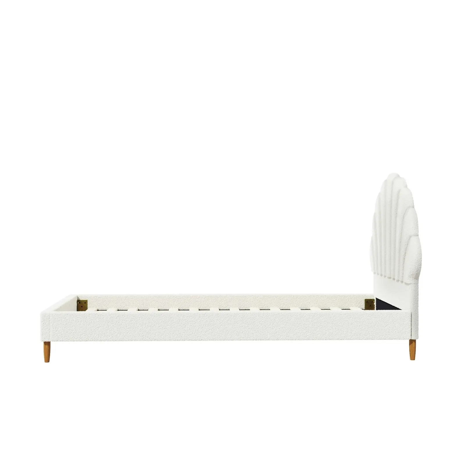 Oikiture Bed Frame Single Size Scallop-Shape Bedhead White Boucle